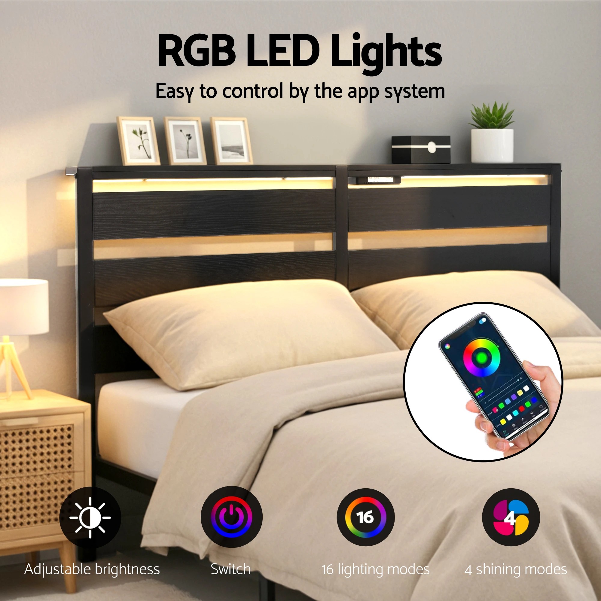 2 Artiss Bed Frame Double Size LED Metal Bed Base with Charging Station - Black, 2 of 6