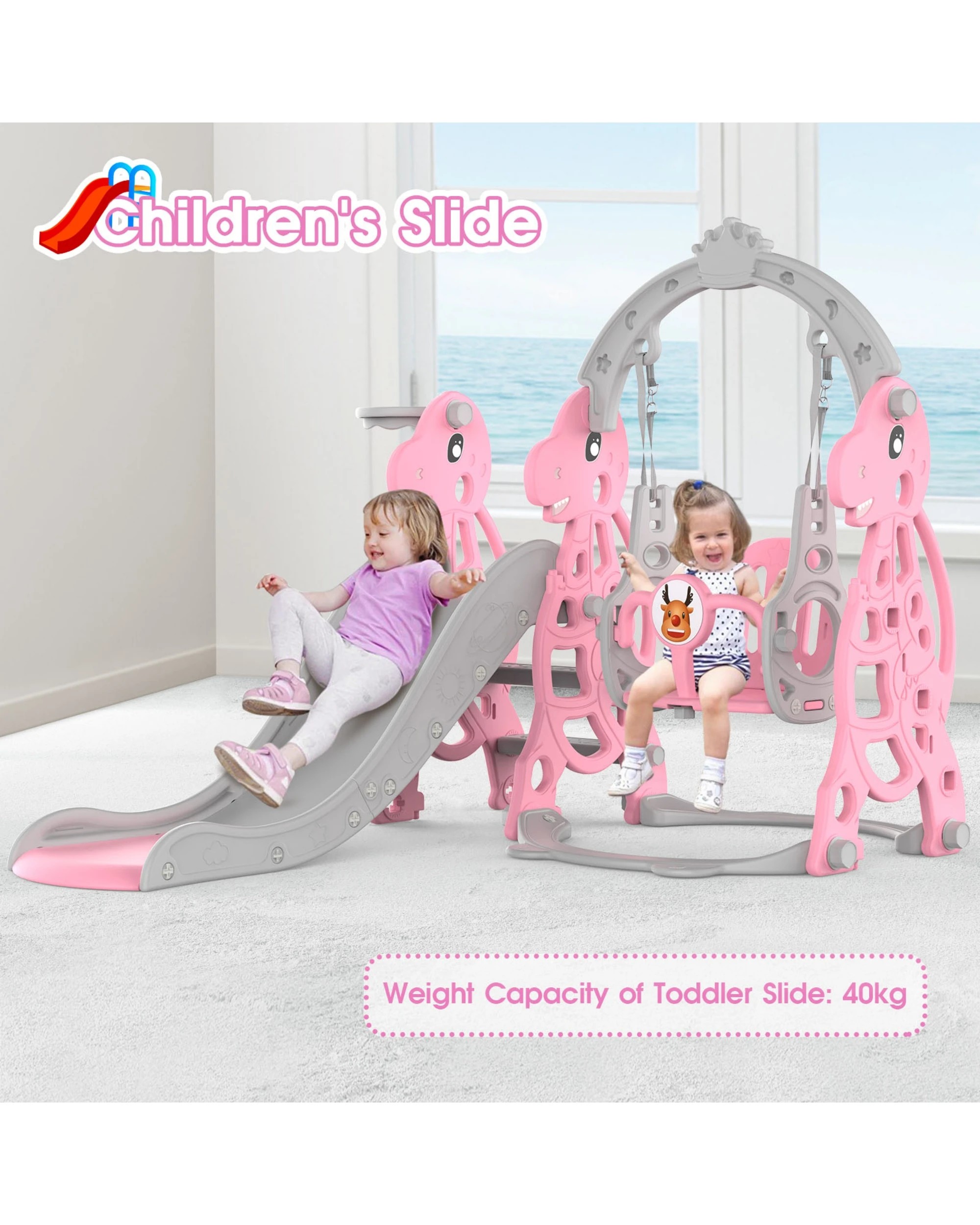8 Advwin 4-in-1 Kids Slide Swing Set with Basketball Hoop Pink, 8 of 8
