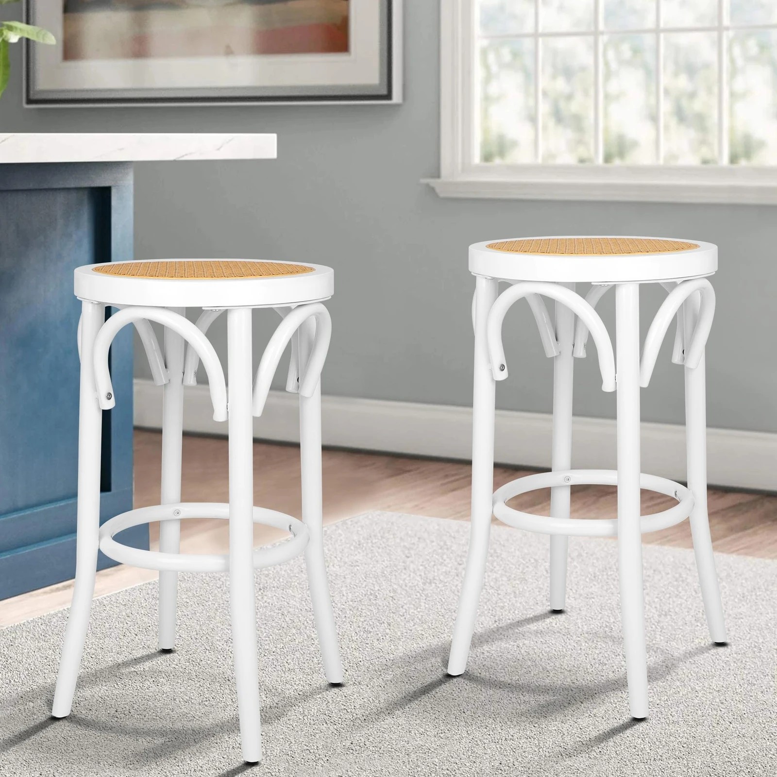 2 Alfordson 2x Bar Stools Kitchen Vintage Chair Rattan Mesh Seat Renata - White, 2 of 9