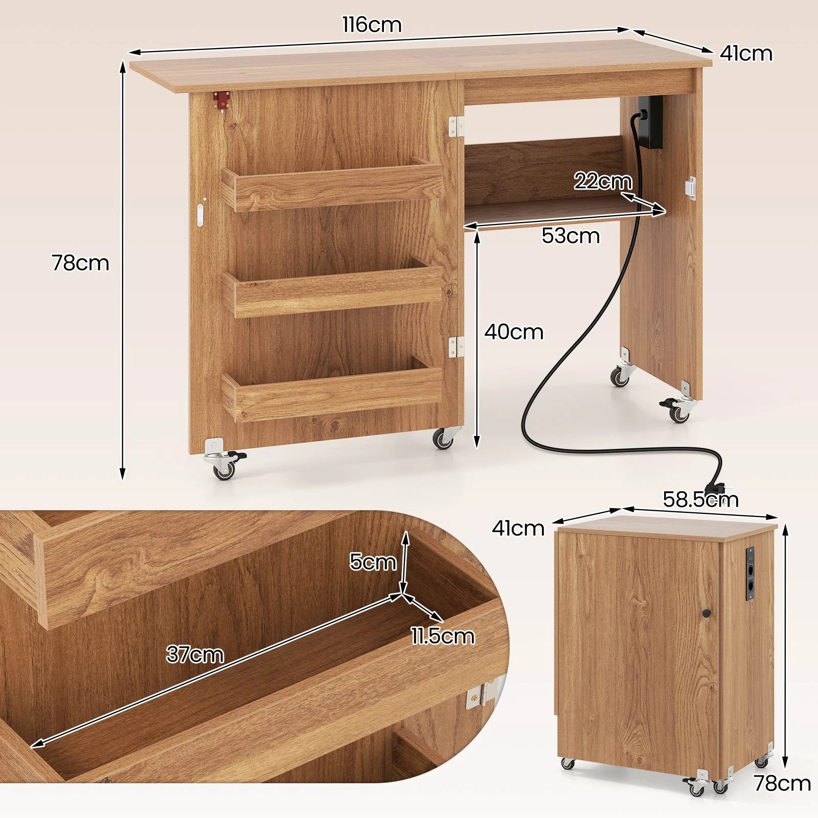 2 Costway Folding Sewing Table w/Power Outlet Mobile Craft Station Desk - Natural, 2 of 3