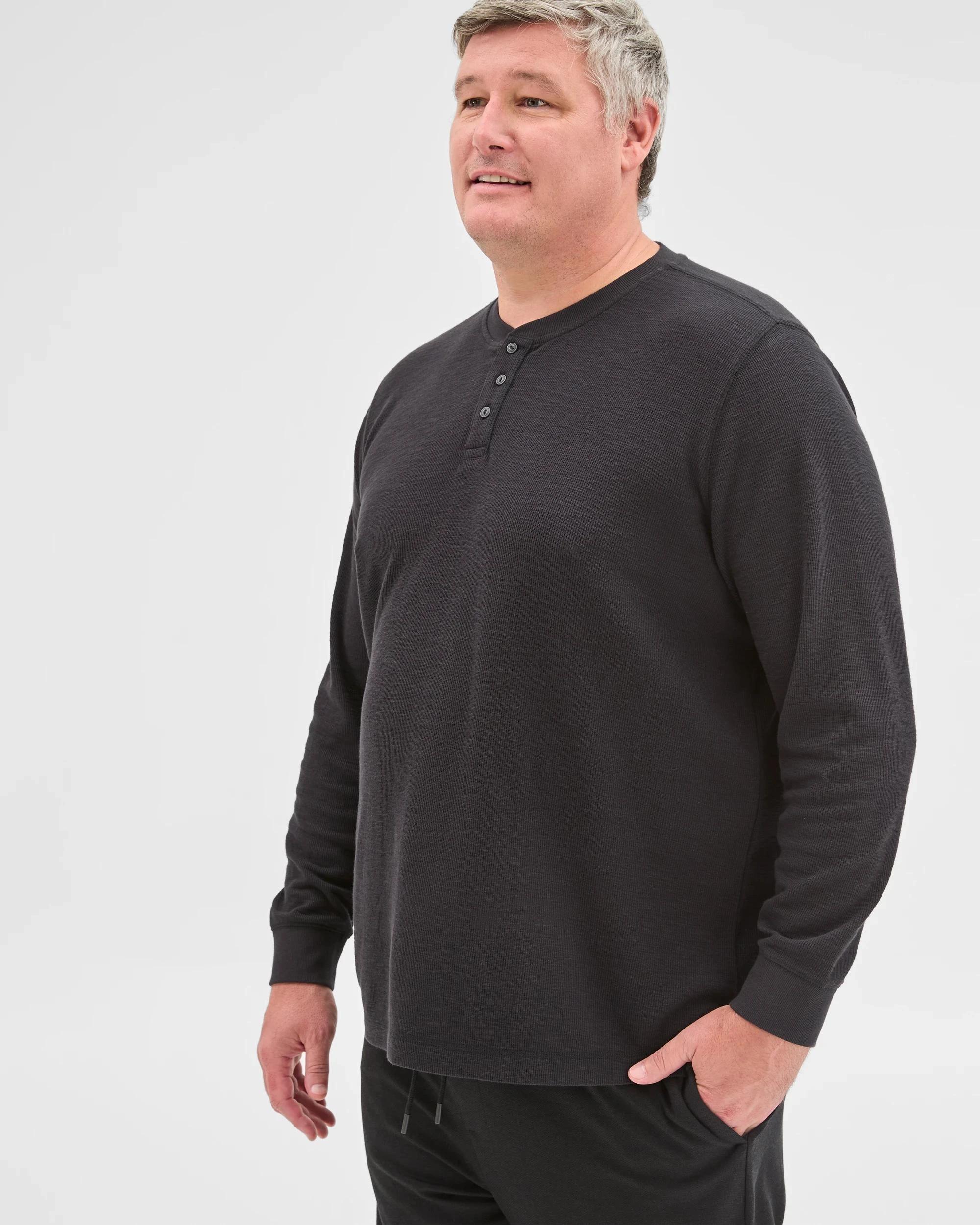 3 Target Man Plus Size Australian Cotton Long Sleeve Waffle Henley T-Shirt BLACK MARLE, 3 of 5