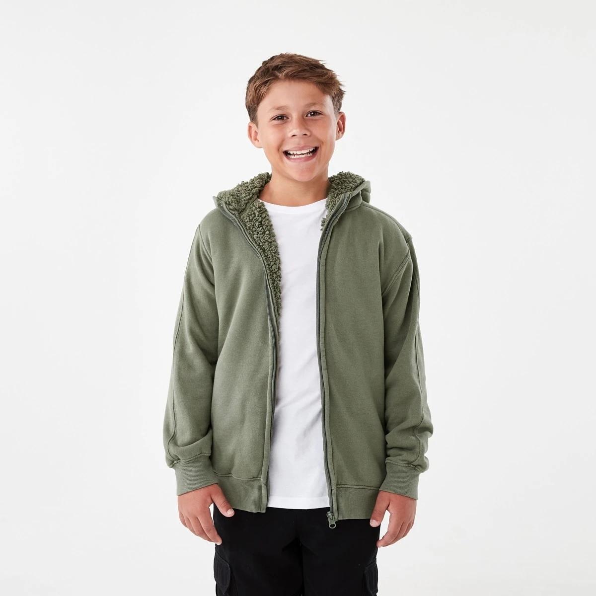 1 Sherpa Lined Zip Through Hoodie Grn 4 Leaf, 1 of 7