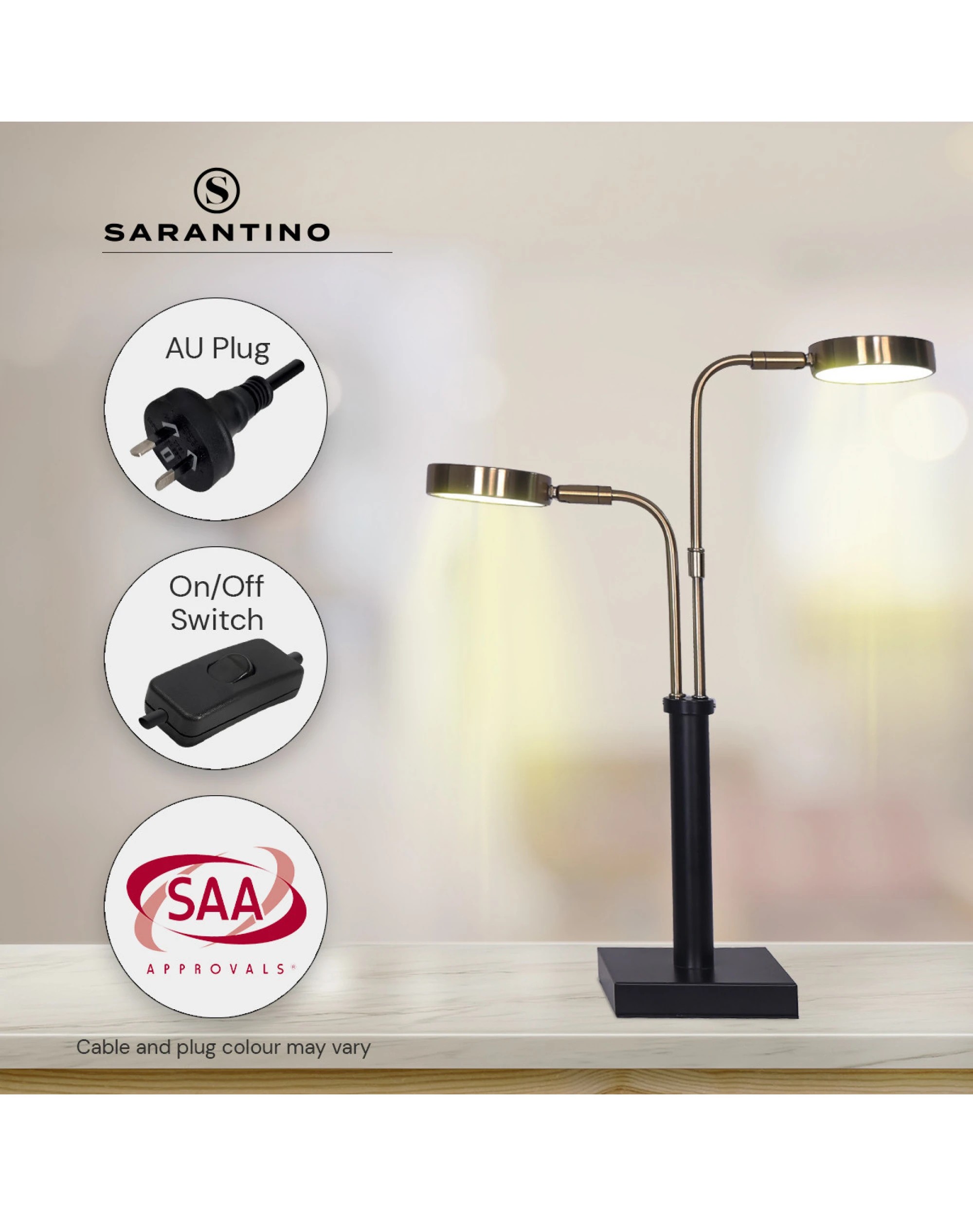 9 Sarantino LED Metal Table Lamp with 2 Lights Brushed Gold Black Finish, 9 of 10