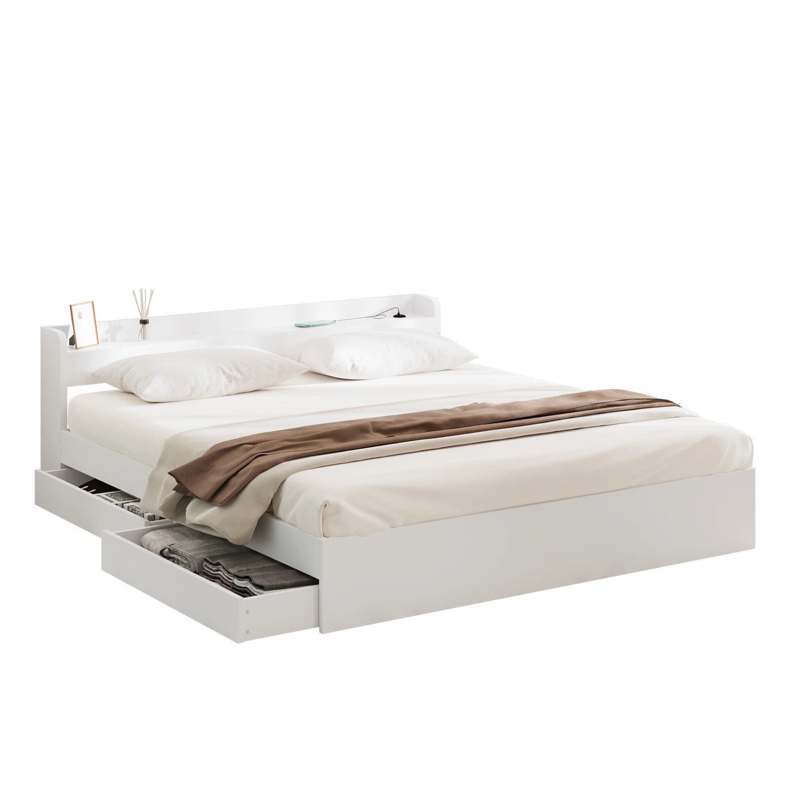 1 Oikiture King Bed With Charging Ports & 2 Drawers Timber Bed Frame
 - White, 1 of 10