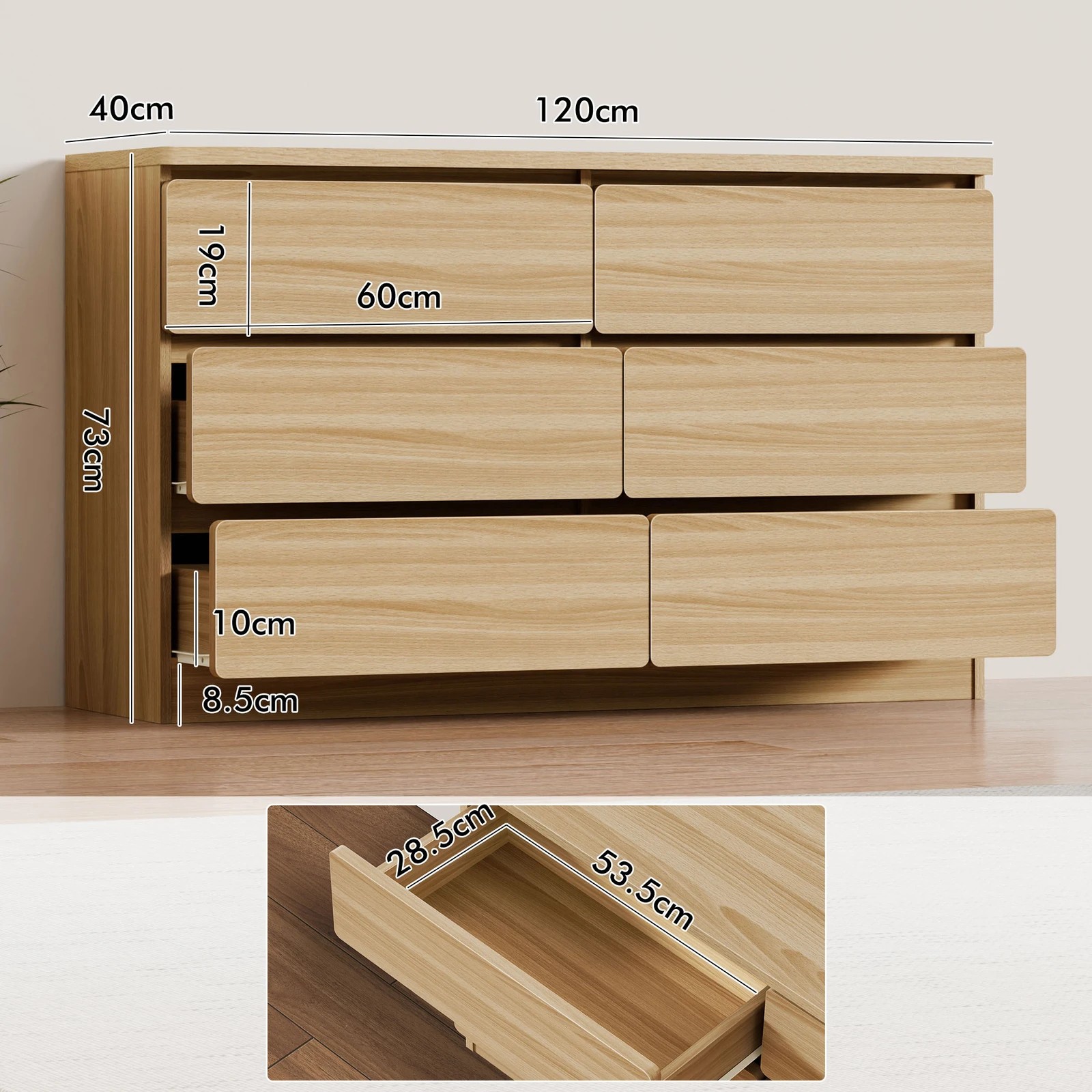 3 Alfordson 6 Chest of Drawers Minimalist Storage Cabinet Dresser - Oak, 3 of 10