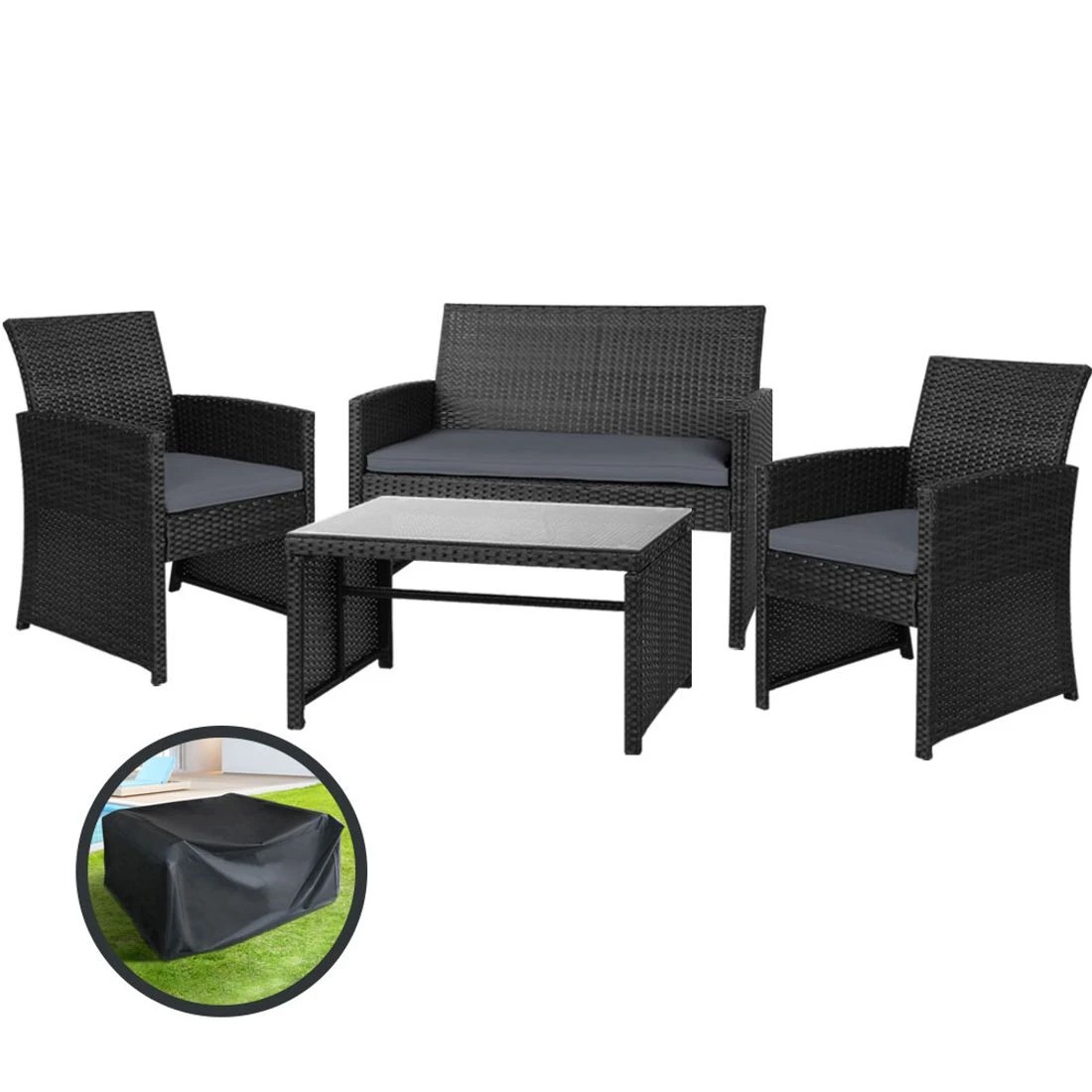 1 Gardeon 4 PCS Outdoor Sofa Set with Storage Cover Rattan Chair Furniture Black - Black, 1 of 6