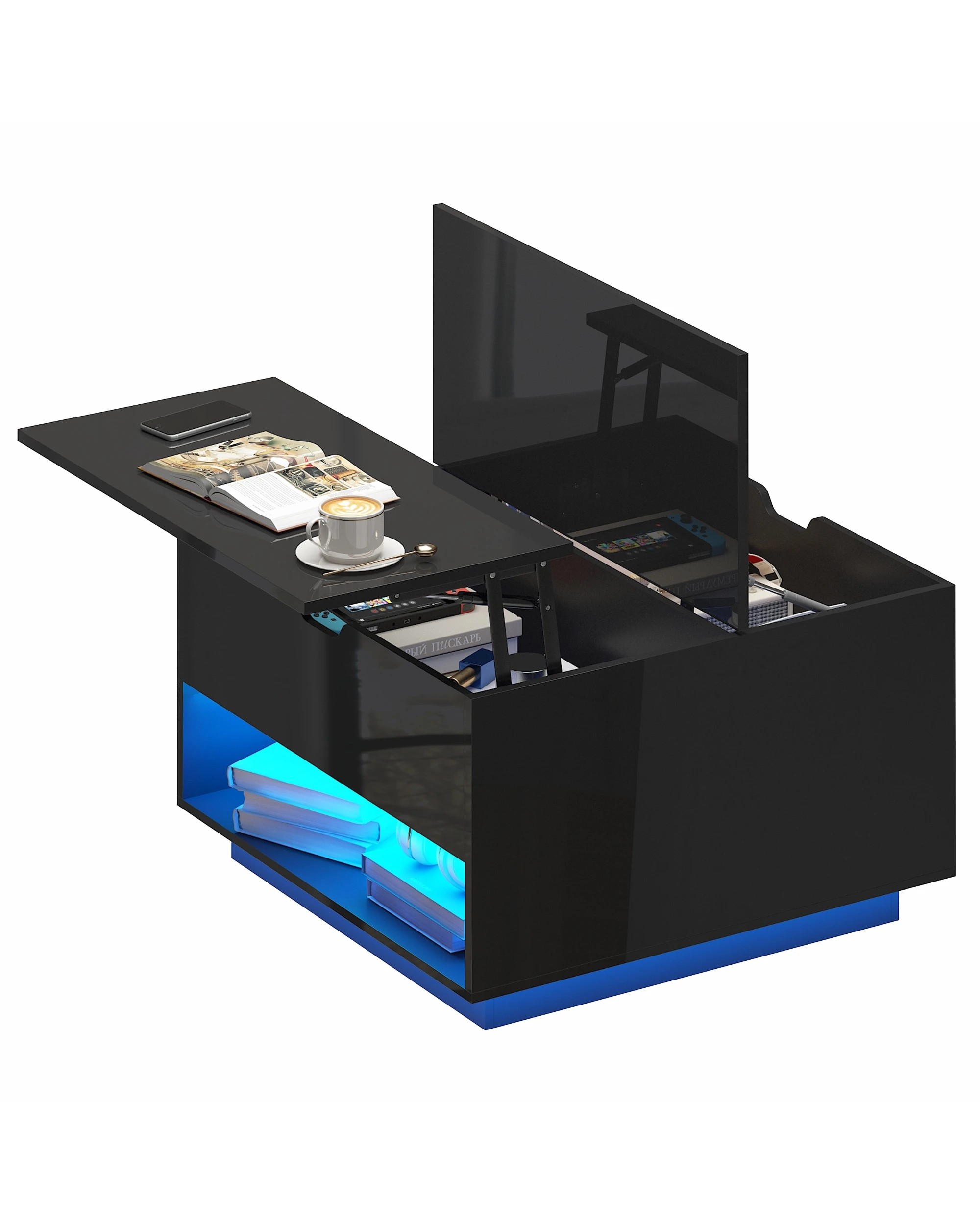 6 Ufurniture LED Lift Top Coffee Table Center Table w/ Hidden Storage & Shelves - Black, 6 of 7