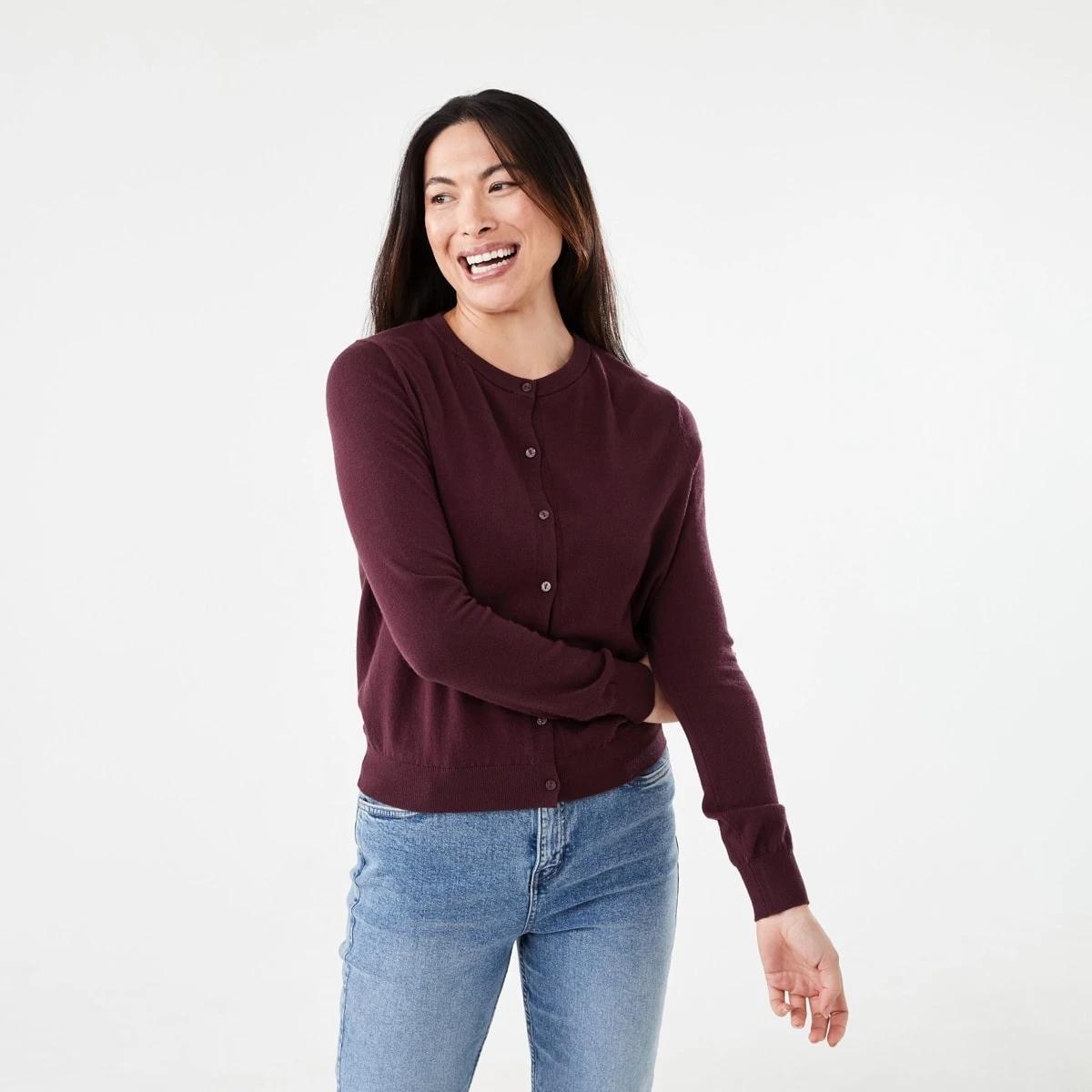 1 Lightweight Crew Neck Cardigan Mulberry, 1 of 6