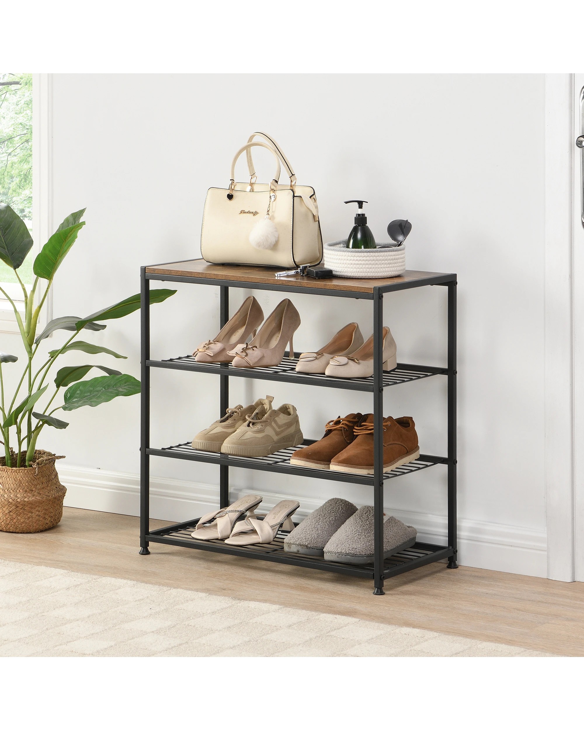 3 IHOMDEC 4-Tier Tower Metal Wood Shoe Rack - Brown, 3 of 5