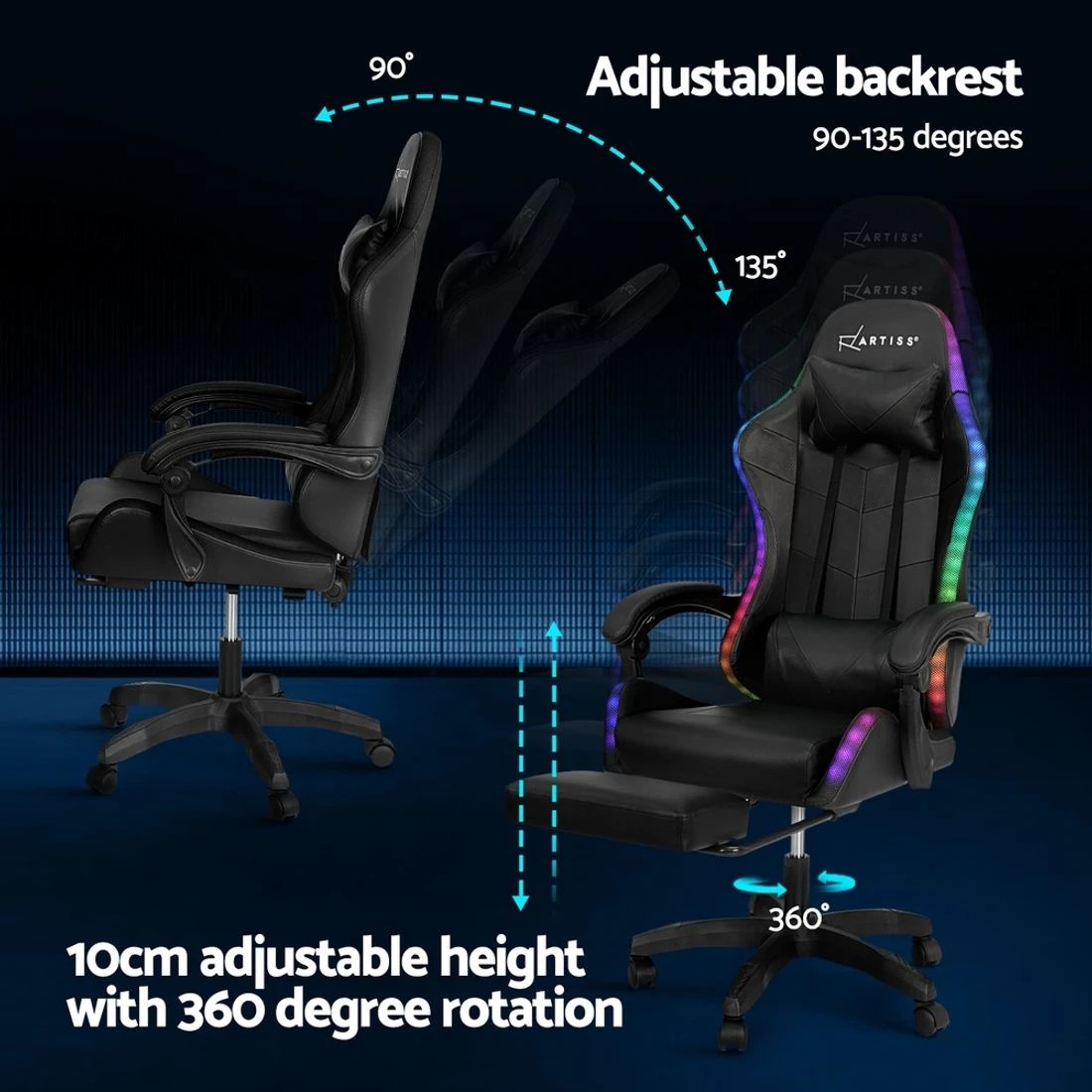 4 Artiss 6 Point Massage Gaming Office Chair 7 LED Footrest - Black, 4 of 5