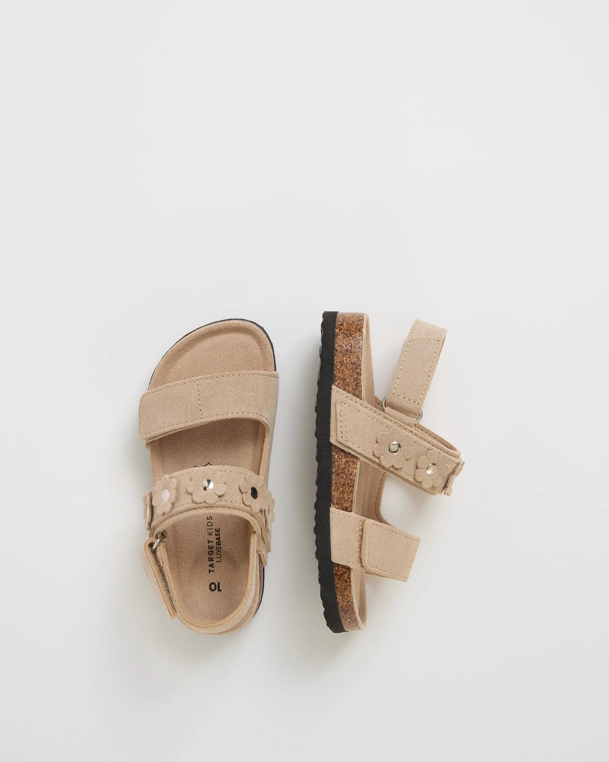 3 Target Baby First Walker/Junior Suede Leather Flower Moulded Cork Sandals SAND SUEDE, 3 of 3
