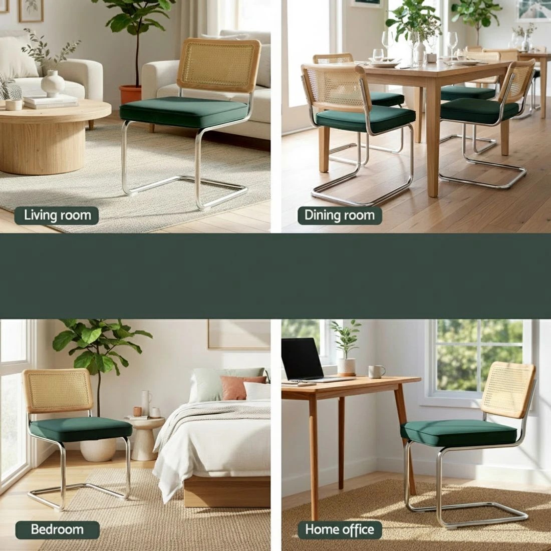 5 Artiss Dining Chairs Set of 2 Velvet Rattan Cantilever Green - Green, 5 of 6