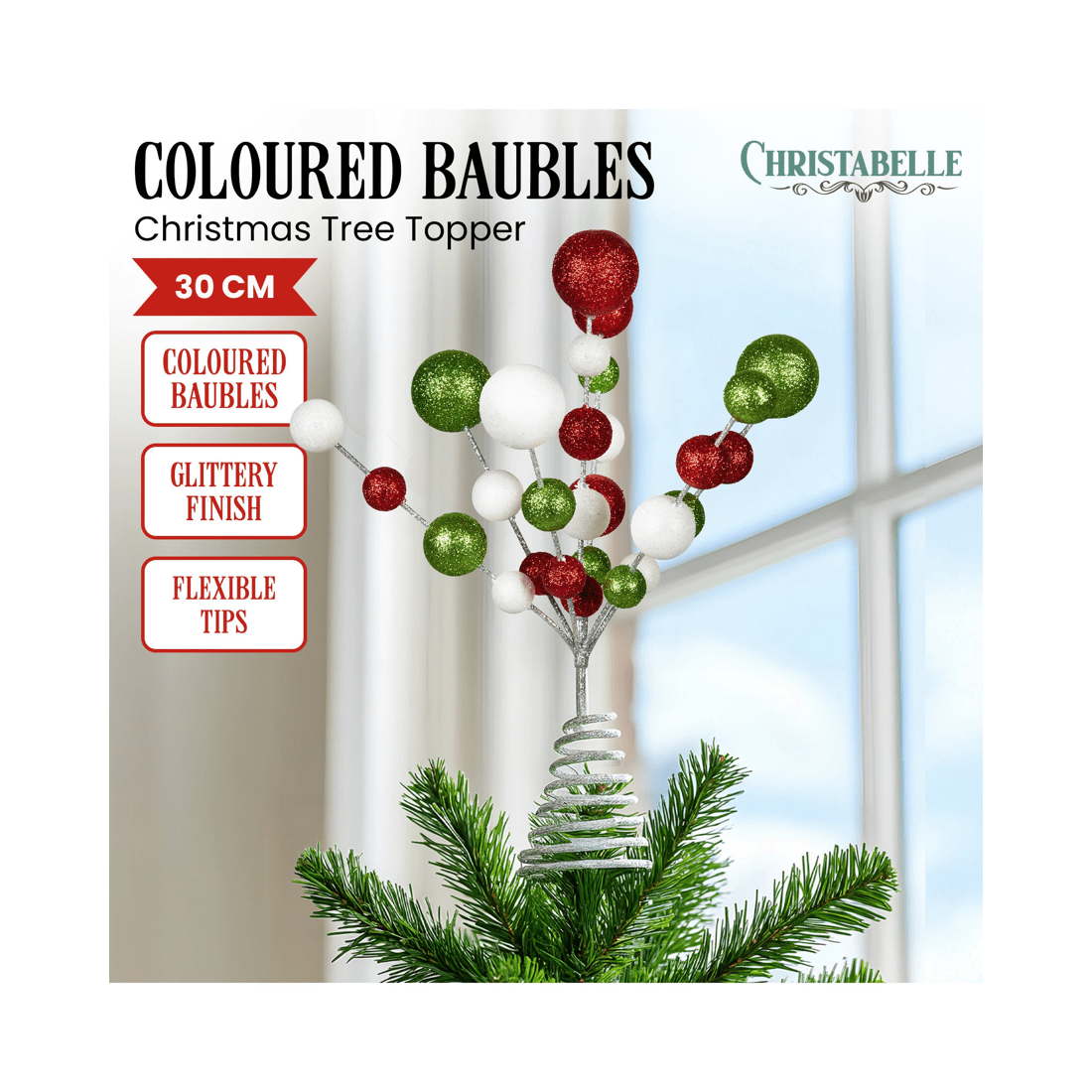 2 Christabelle Colourful Baubles Christmas Tree Topper With Festive Glitter Finish Decoration Ornament, 2 of 4