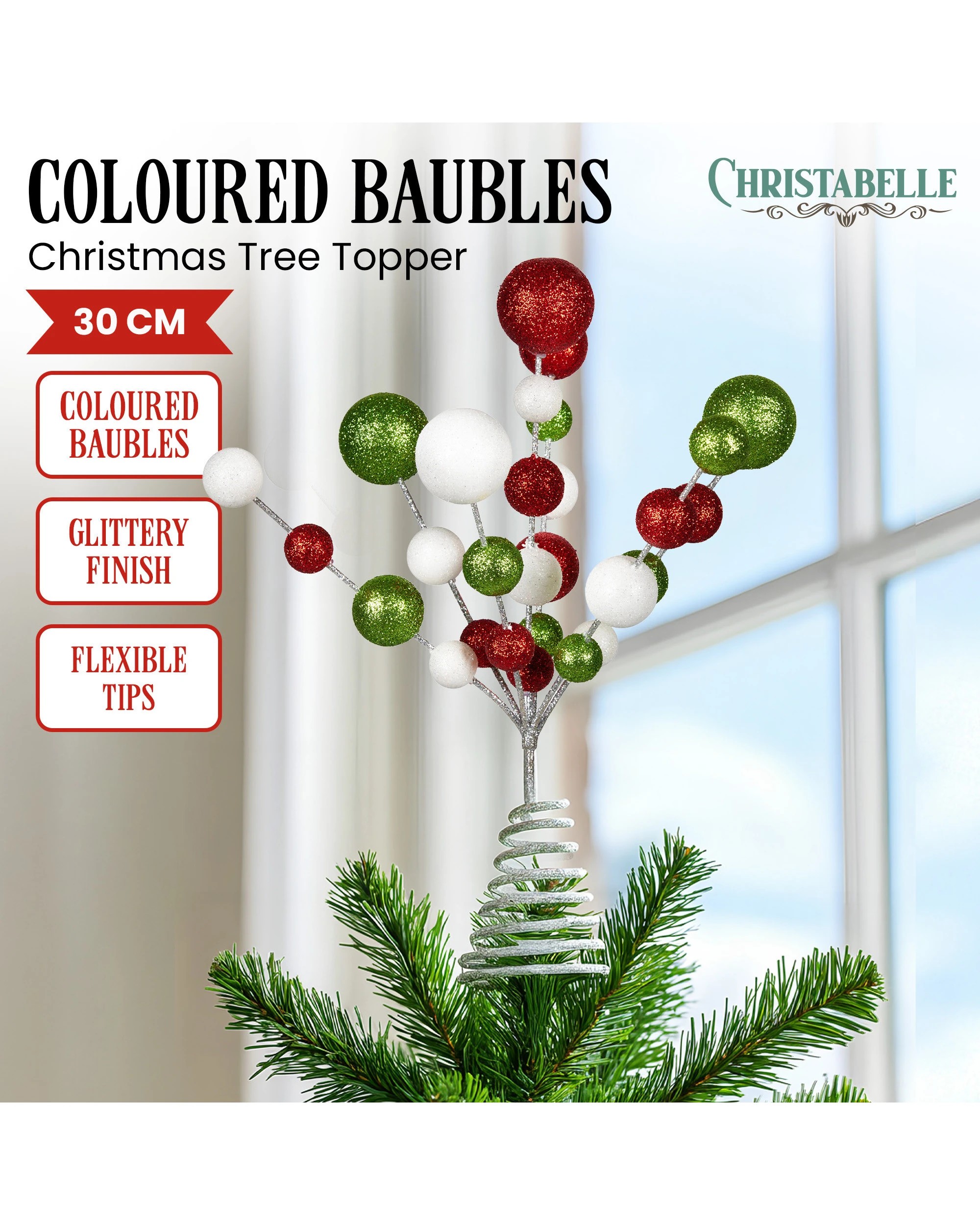 2 Christabelle Colourful Baubles Christmas Tree Topper With Festive Glitter Finish Decoration Ornament, 2 of 4