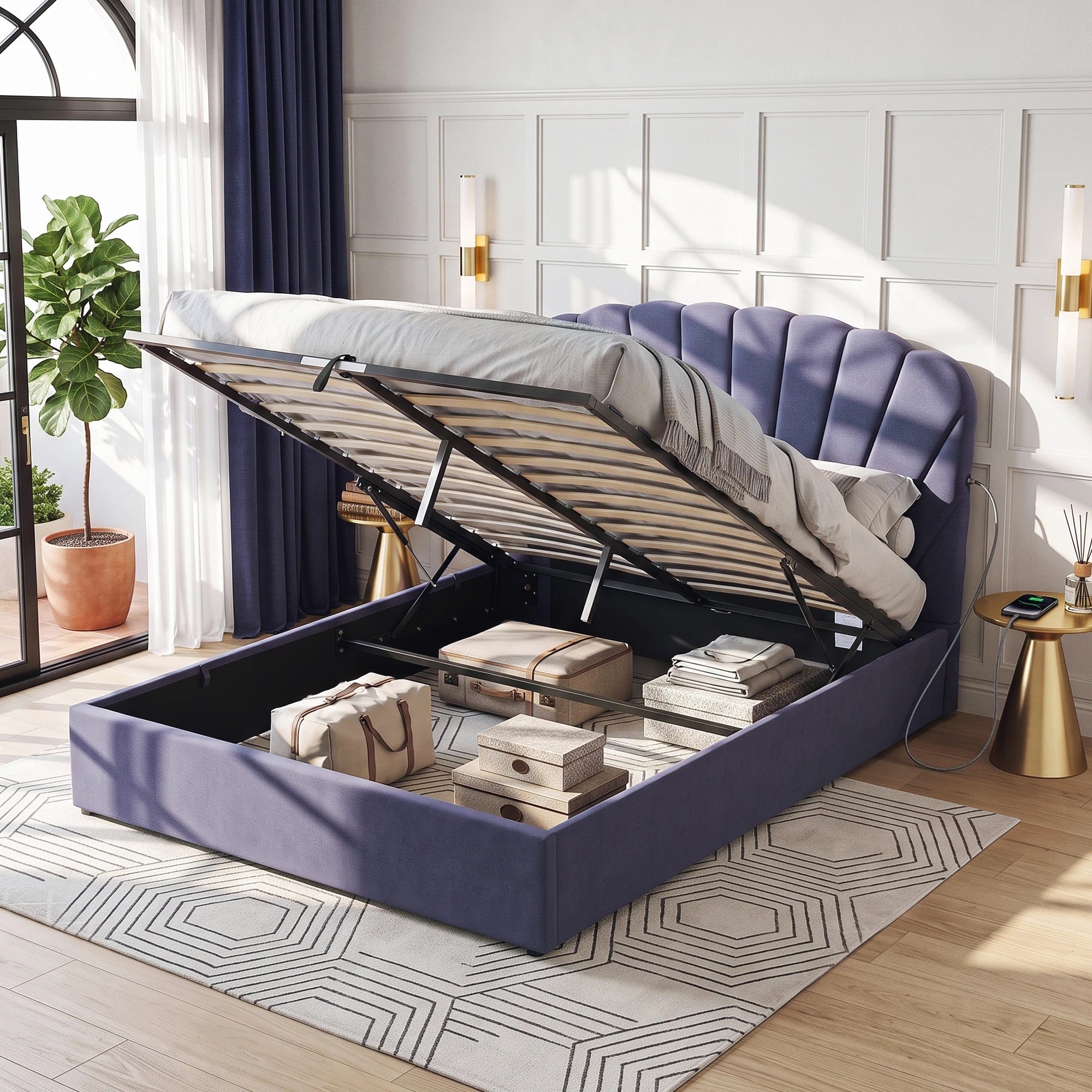 2 Artiss Bed Frame with Lift Up Storage and USB Ports - Queen Bed - Grey, 2 of 9