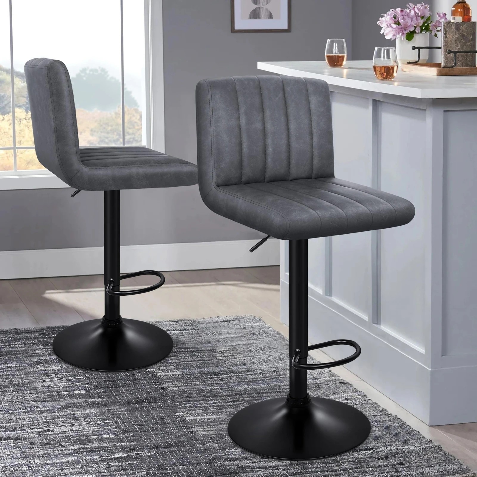 2 Alfordson 2x Bar Stools Macias Kitchen Swivel Chair Leather Gas Lift - Grey, 2 of 10