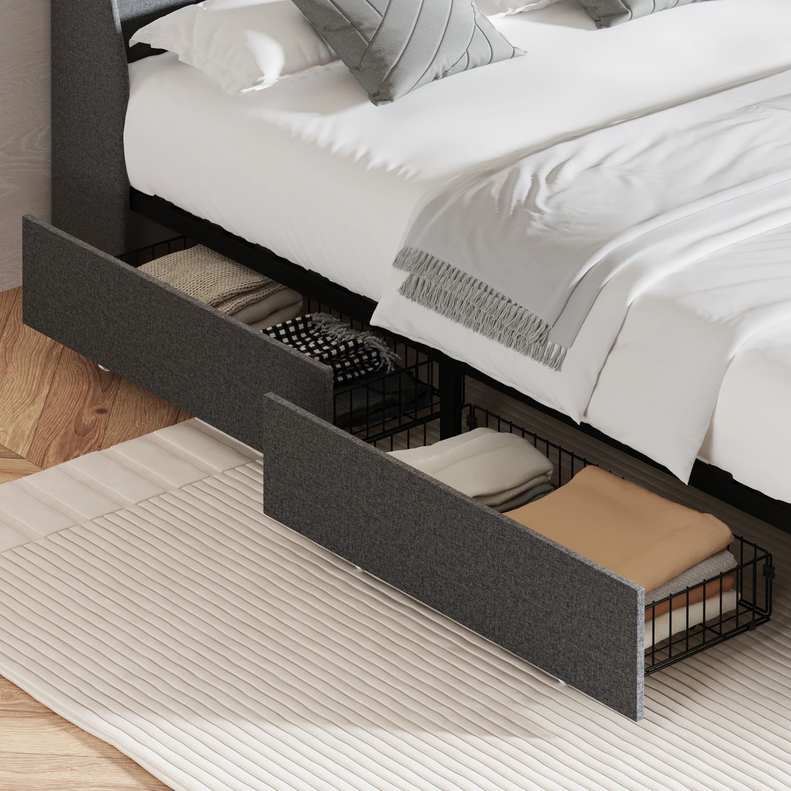 3 Oikiture 2x Trundle Drawers for Bed Frame with Wheels Metal - Grey - Grey, 3 of 9