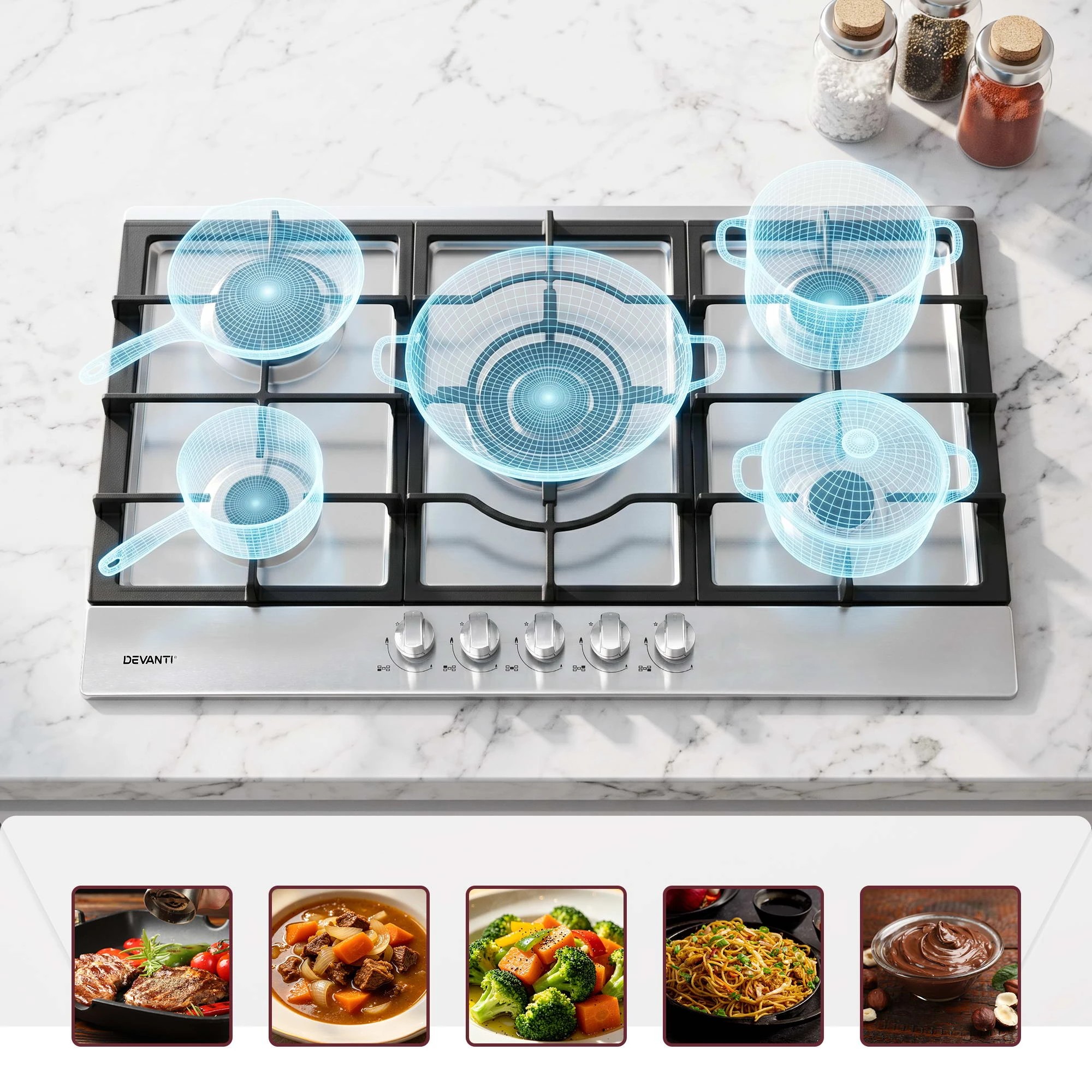 5 Devanti 90cm Gas Cooktop 5 Burner LPG NG Stainless Steel Hob Cast Iron Pan Support - Silver, 5 of 9