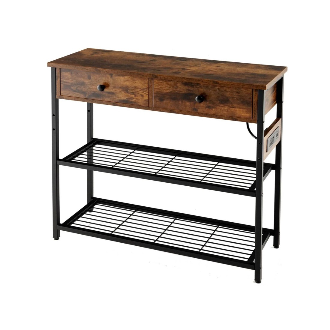 1 Costway 3-Tier Industrial Console Table w/Charging Station Hallway Table - Brown, 1 of 10