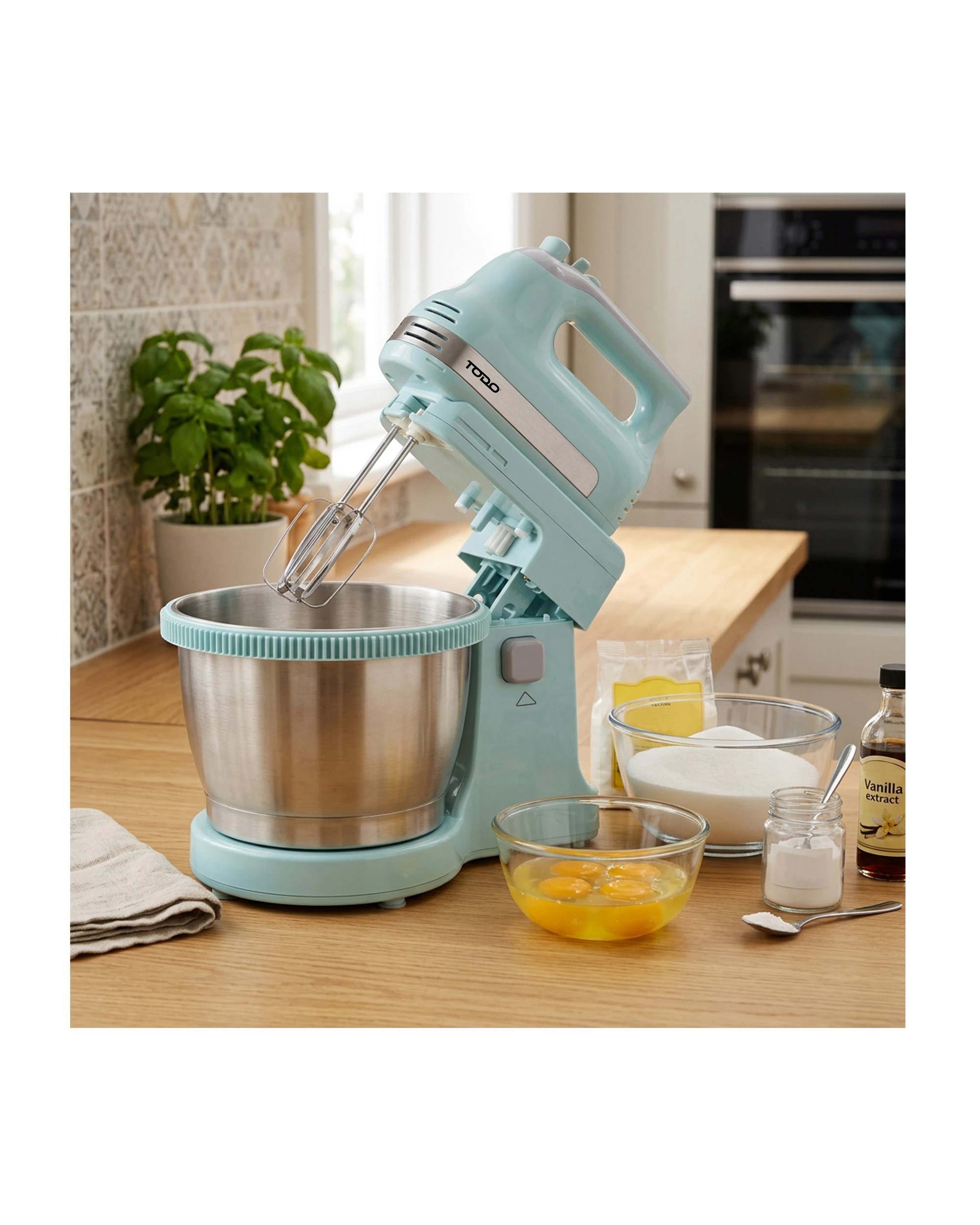 5 TODO 500W Combo Hand Mixer Stand Mixer w/ 3.5L Stainless Steel Bowl - Blue, 5 of 7