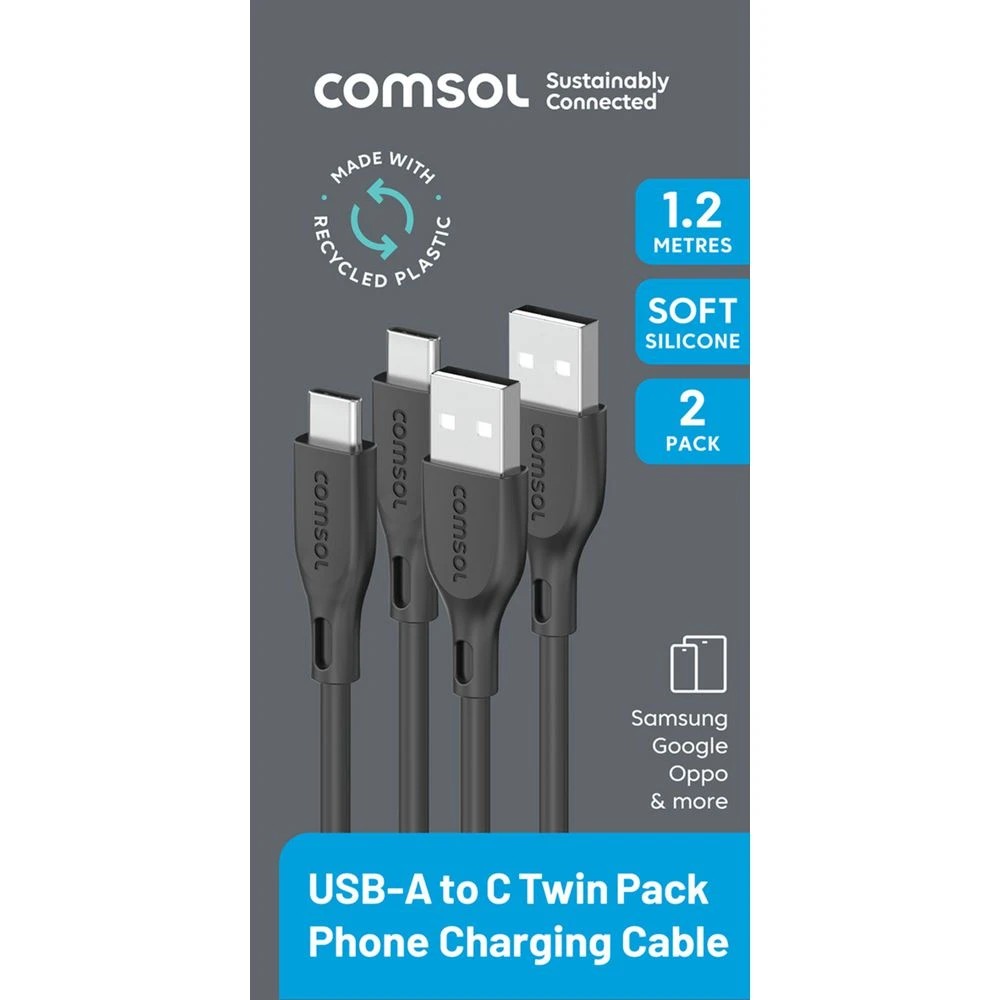 2 Comsol Soft Silicone USB-A to USB-C Cable 2 Pack, 2 of 2
