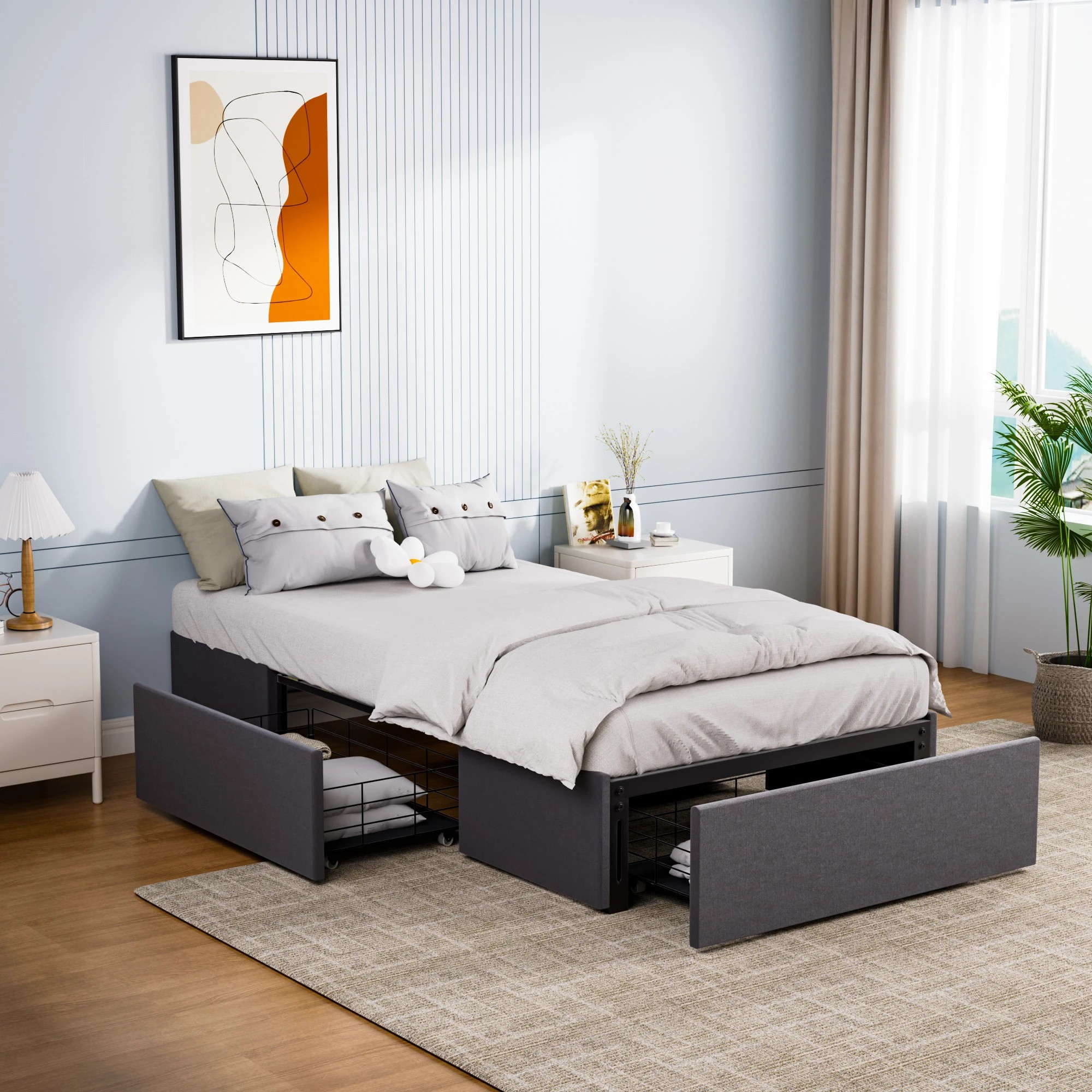 7 Levede Bed Frame Single Size Fabric Mattress Base 3 Storage Drawer - Grey - Grey, 7 of 9