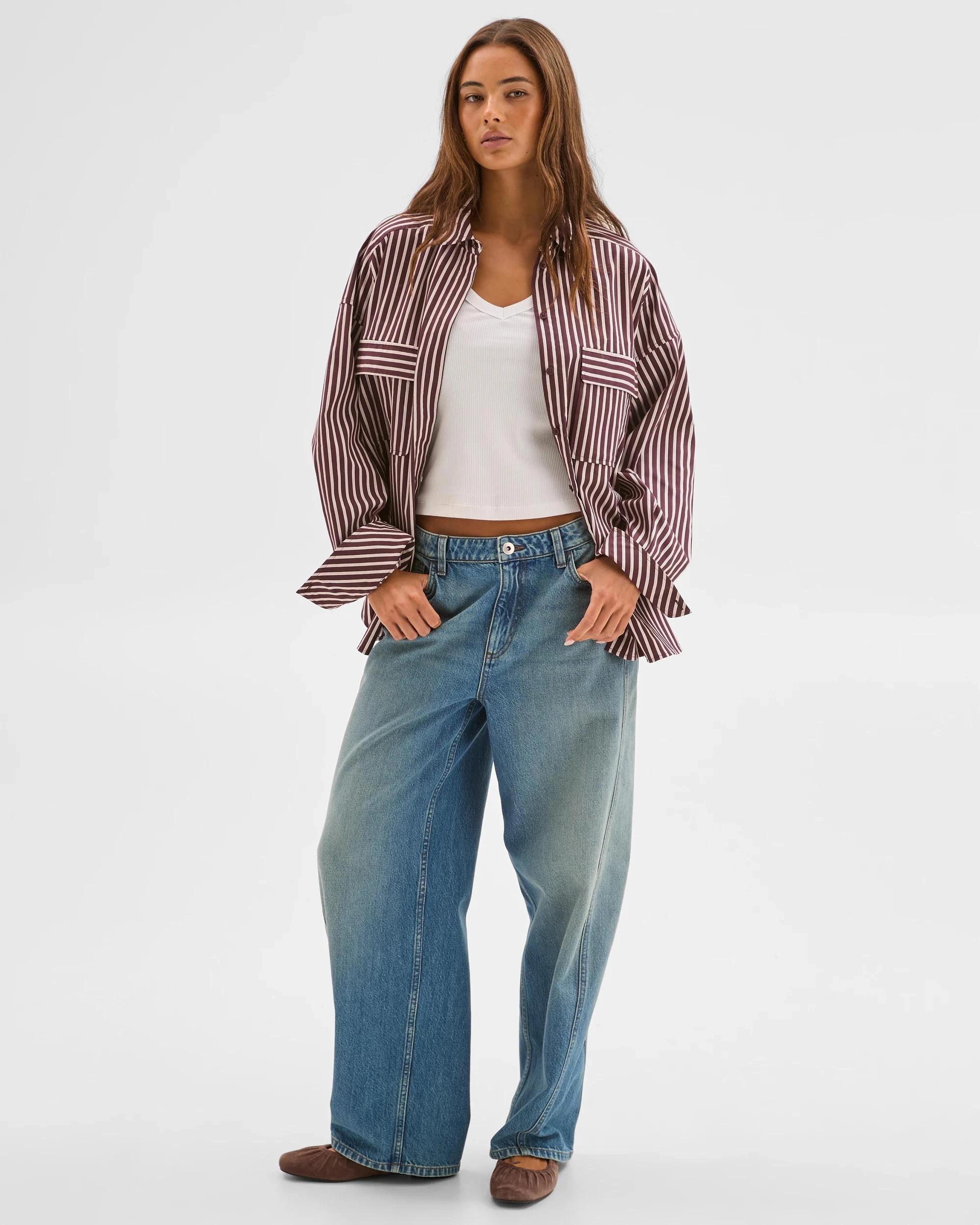 1 Lily Loves Australian Cotton Blend Oversized Shirt FUDGE STRIPE, 1 of 7