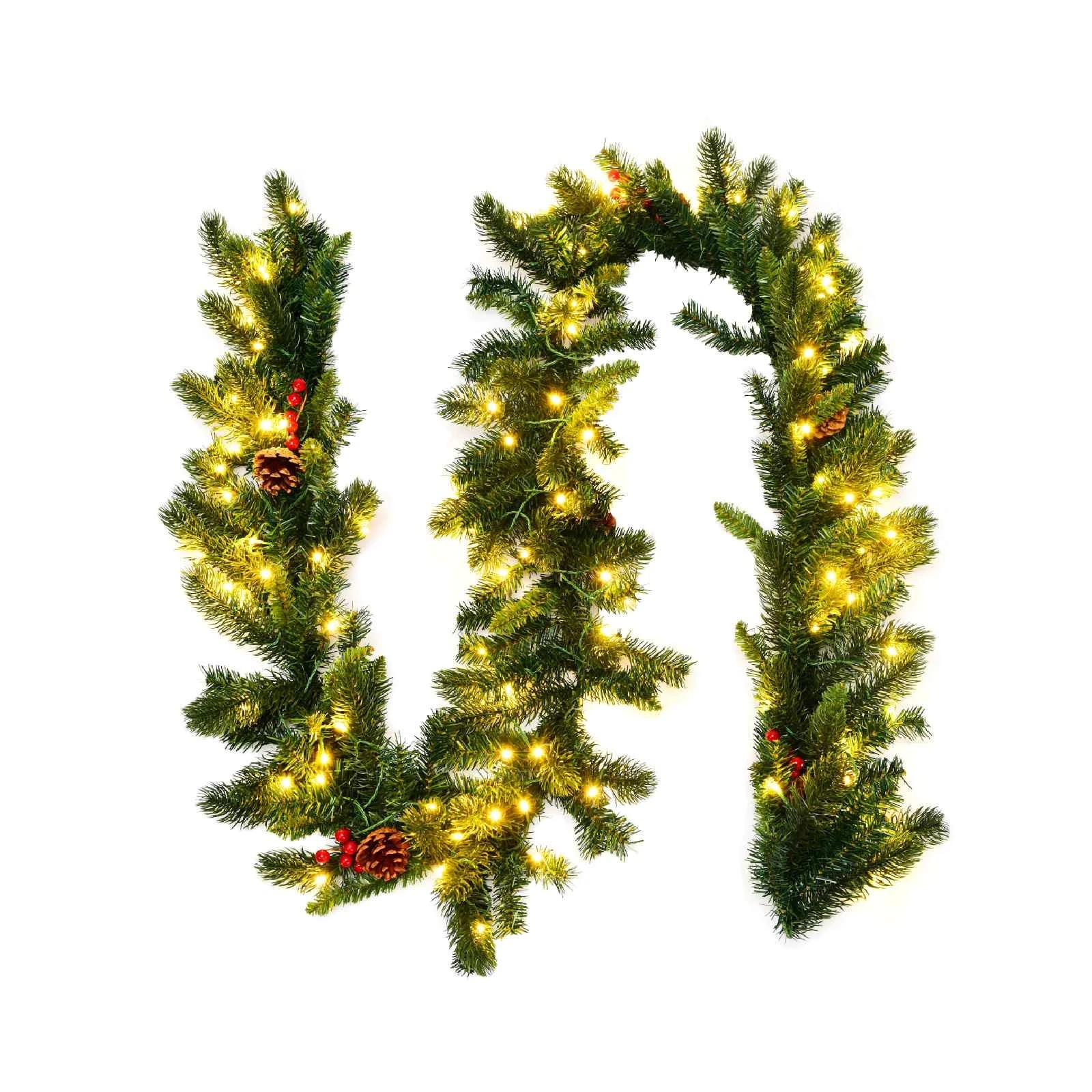 1 Costway 2.7M Christmas Pine Garland w/100 LED Lights Red Berries Decoration Wreath Rattan, 1 of 1