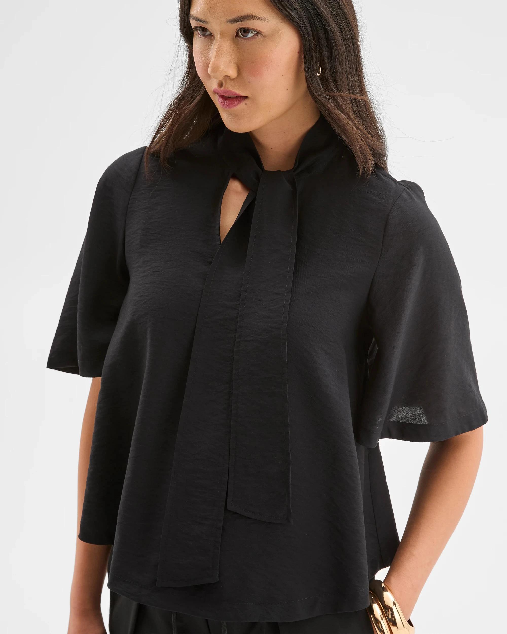 5 Preview Short Sleeve Tie Neck Blouse BLACK, 5 of 9