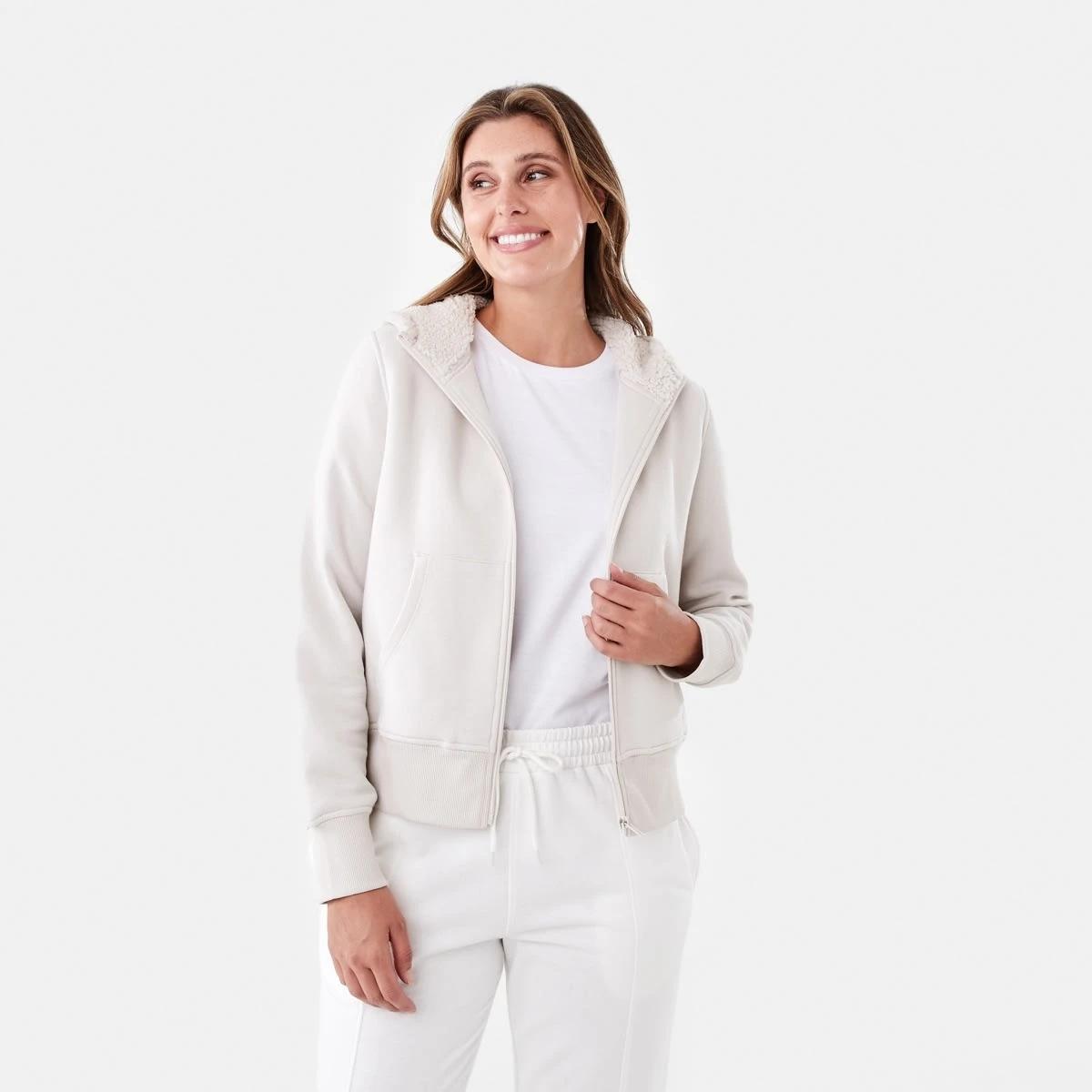 1 Long Sleeve Sherpa Zip Through Hoodie Nat Beige, 1 of 7
