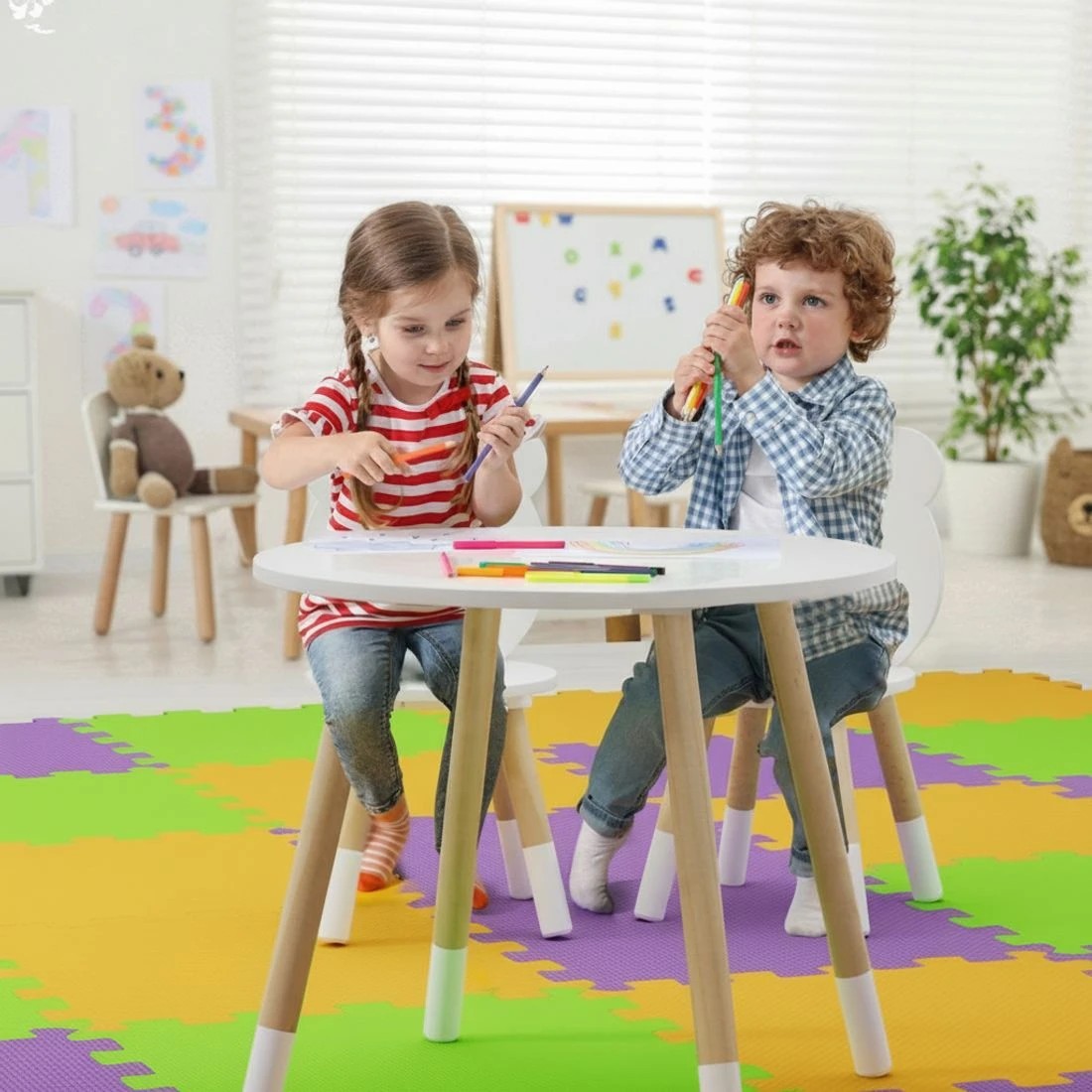 6 Keezi 3 Piece Kids Table and Chairs Set Activity Playing Study Children Desk - White, 6 of 7