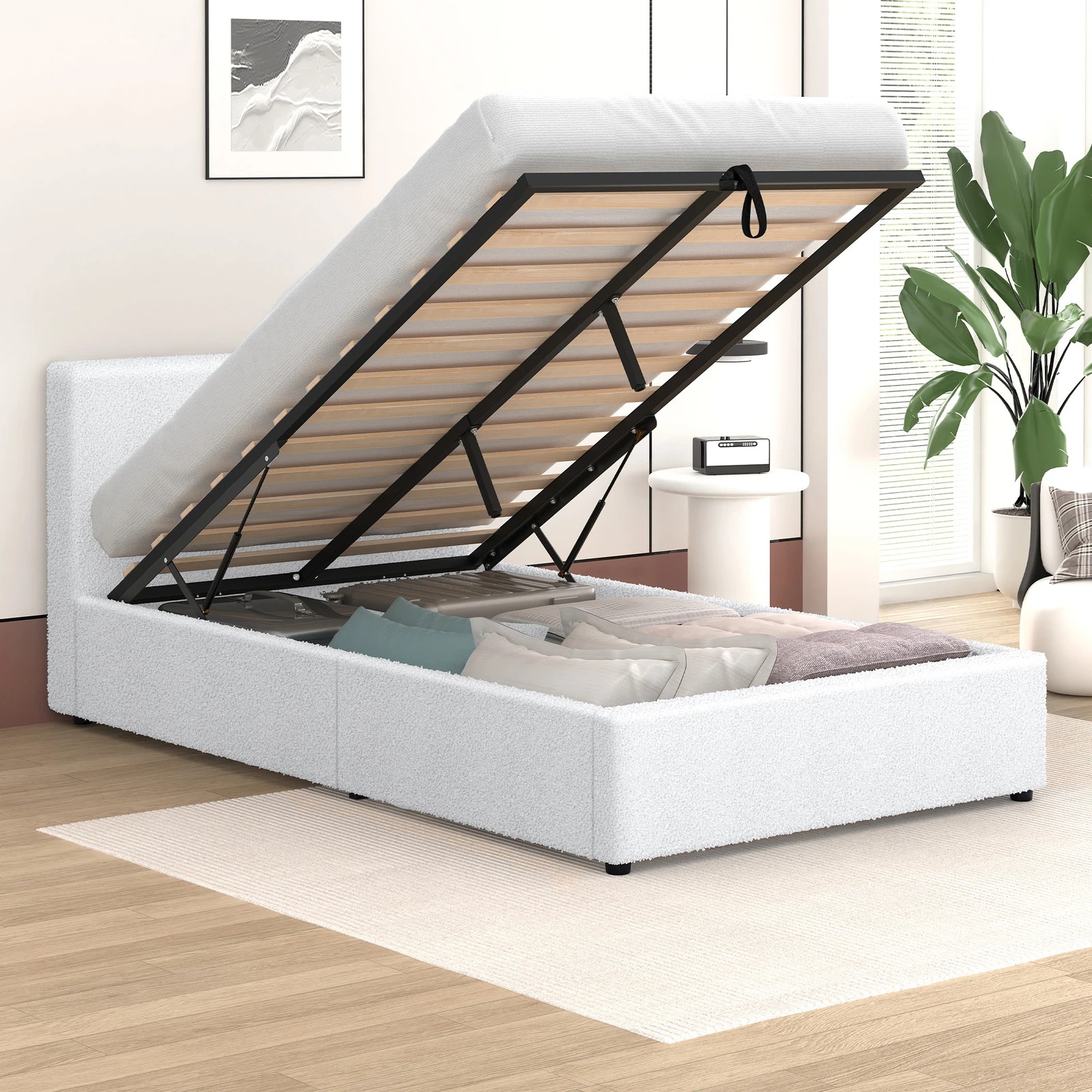 4 Alfordson Bed Frame King Single Gas Lift Storage Base Boucle Tricia - White, 4 of 10