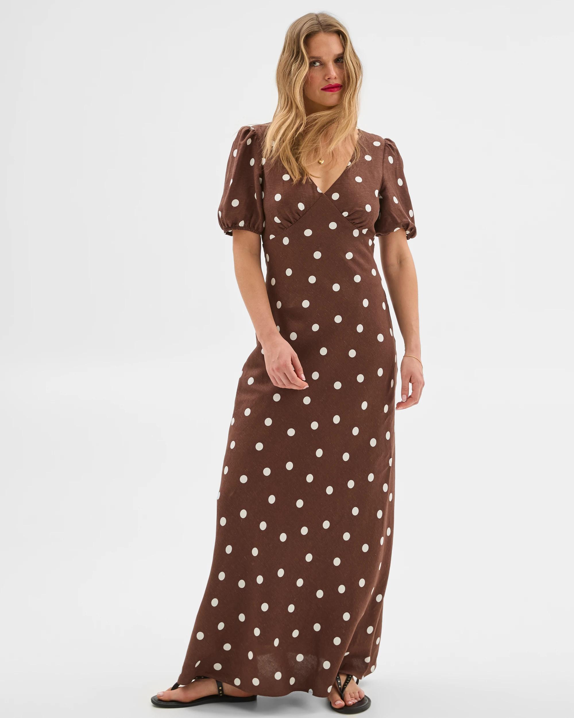 2 European Linen Blend Puff Sleeve Maxi Dress - Lily Loves ESPRESSO SPOT, 2 of 9