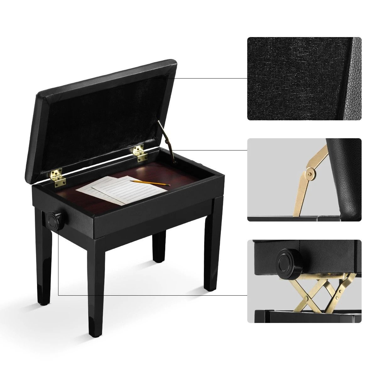 4 Melodic Adjustable Wood Keyboard Piano Bench Stool with Built-in Storage Black, 4 of 7