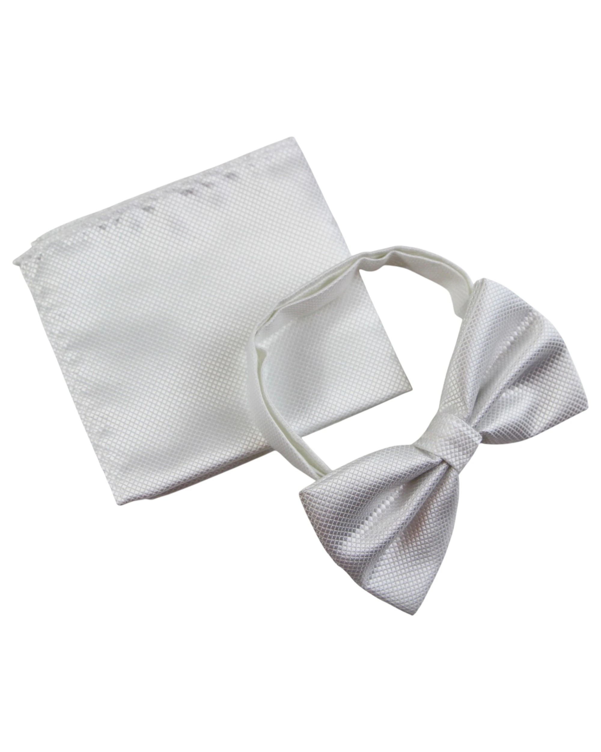 1 Zasel Mens Plain Coloured Checkered Bow Tie & Matching Pocket Square Set - White, 1 of 3