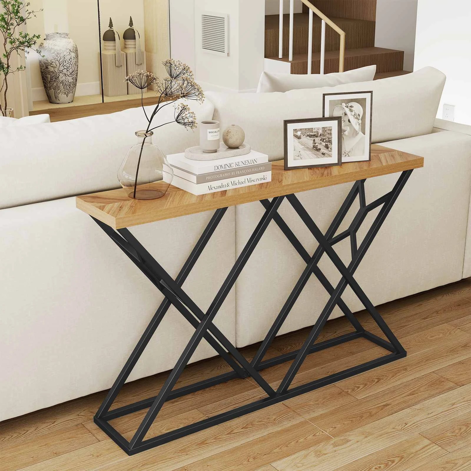 2 Costway 140cm Console Table Farmhouse Entryway Table Behind Couch Sofa Side Table, 2 of 3