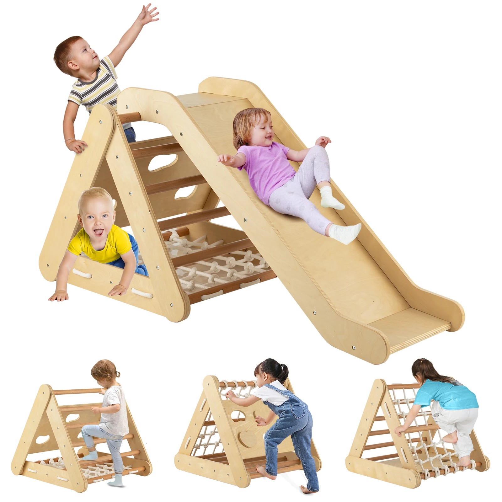3 Costway 4in1 Climbing Frame Triangle Climber Slide Set - Natural, 3 of 3