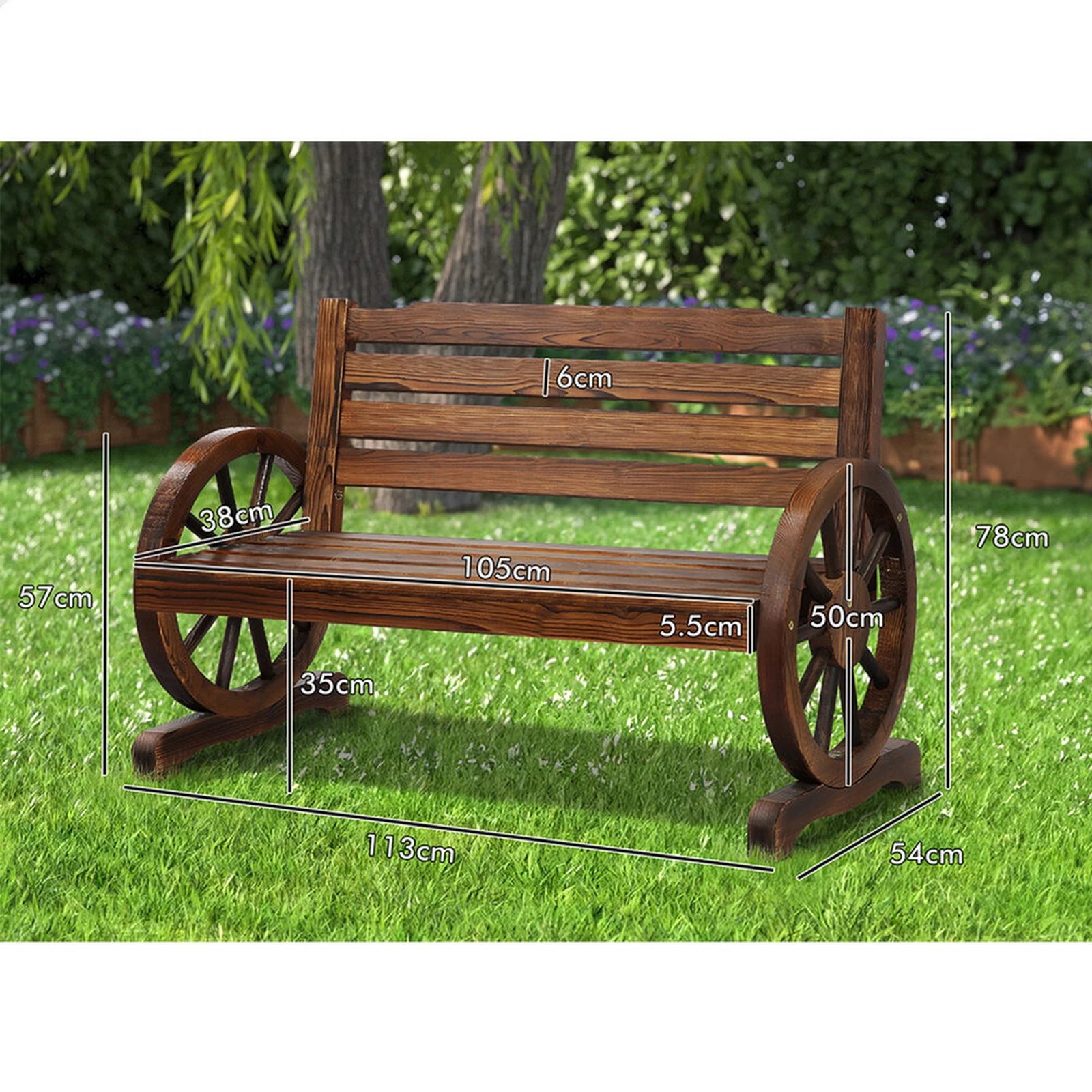 8 Alfordson Wooden Garden Bench Wagon Wheel Chair Seat Outdoor Patio - Charcoal, 8 of 9