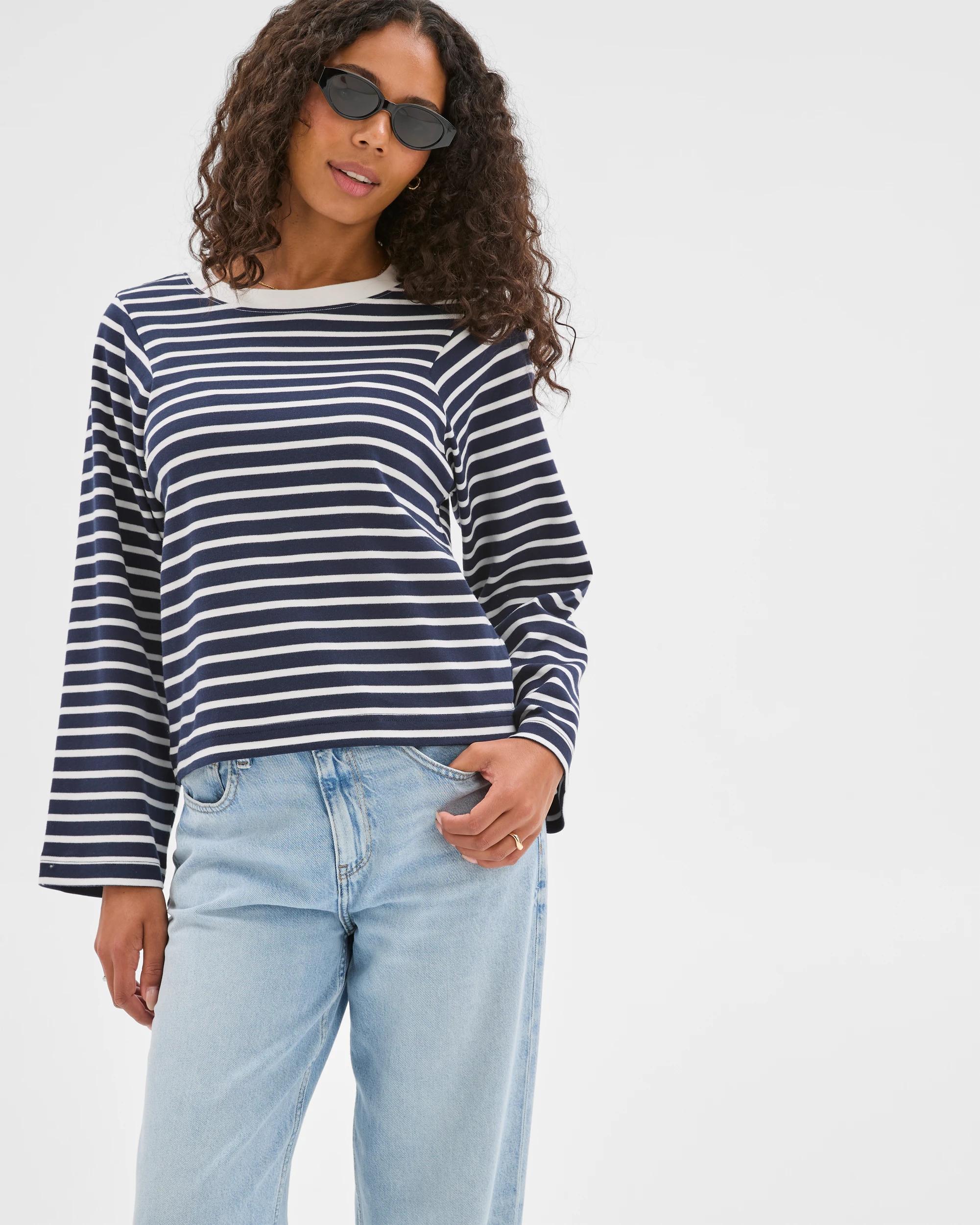 2 Target Woman Australian Cotton Long Sleeve Spliced Top INK NAVY/BRILLIANT WHITE, 2 of 7