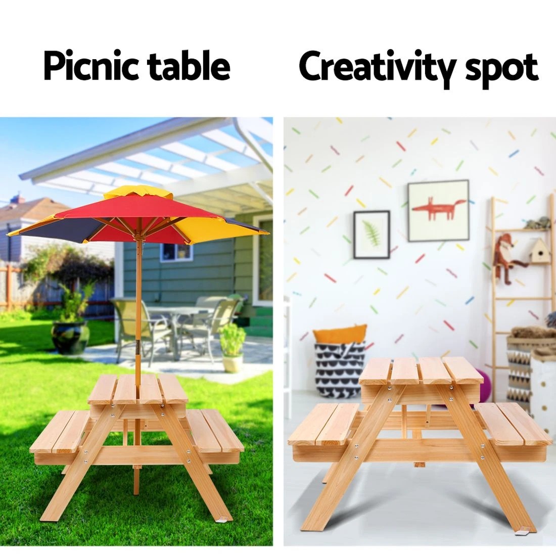 6 Keezi Kids Outdoor Table and Chairs Wooden Picnic Bench Set Umbrella - Natural, 6 of 10