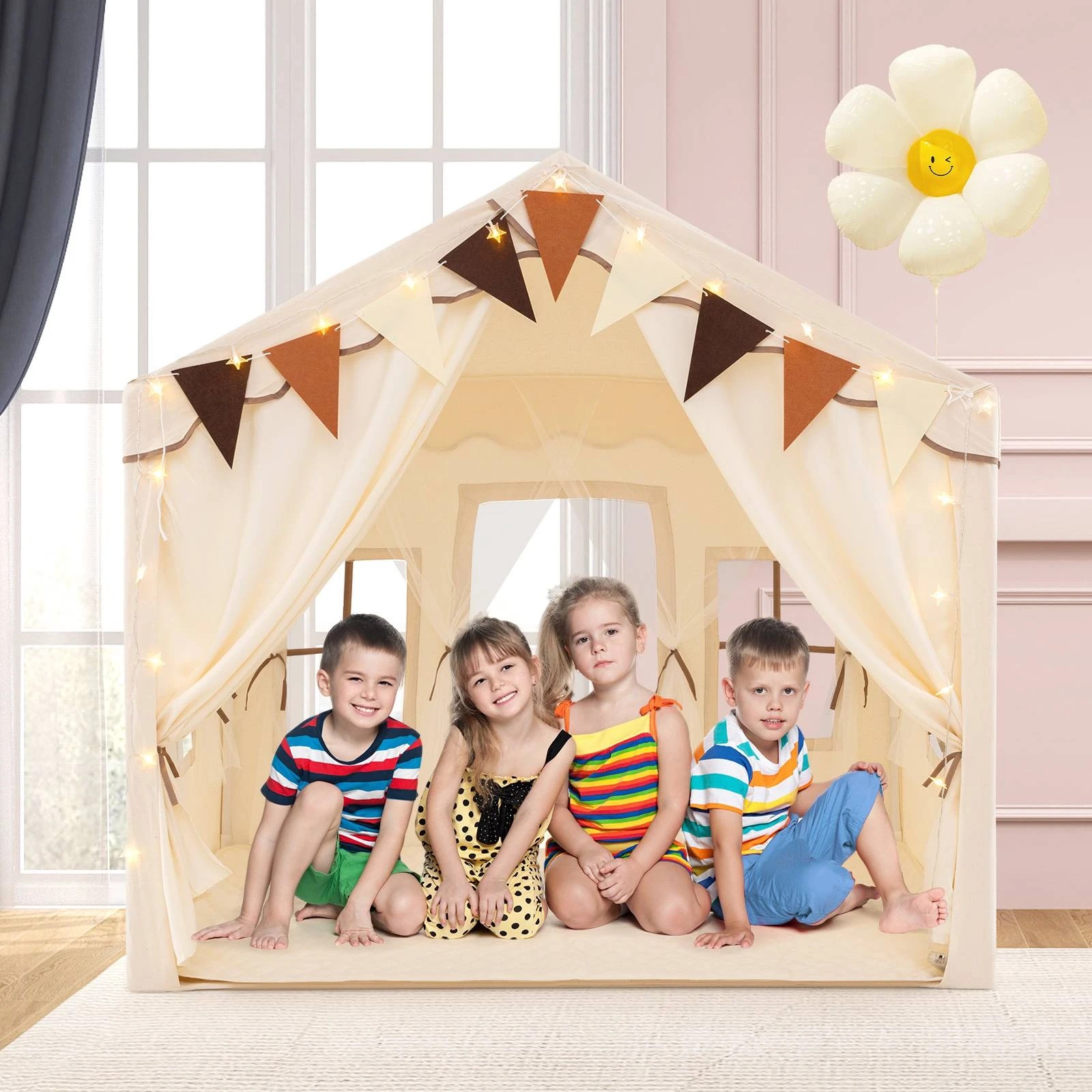 2 Costway Skin-Friendly Large Play Tent House w/Star Lights - Beige, 2 of 2
