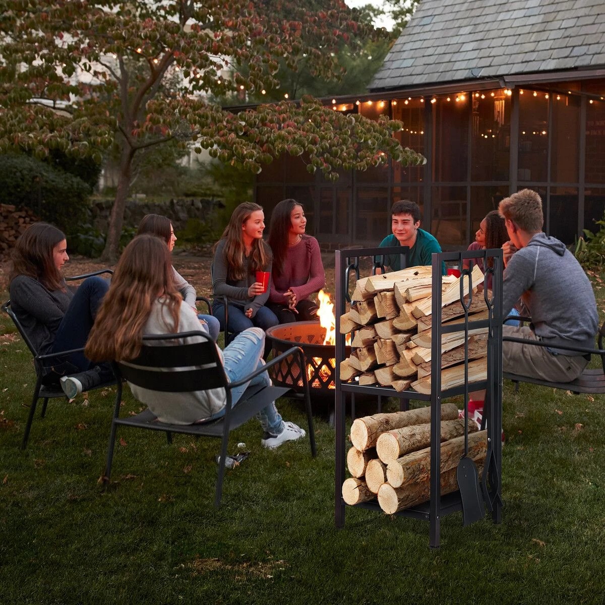 3 Ausway Fire Place Tool Kit 5in1 Firewood Storage Rack Firepit Wood Holder Campfire Metal Stove Log Carrier Stand, 3 of 4