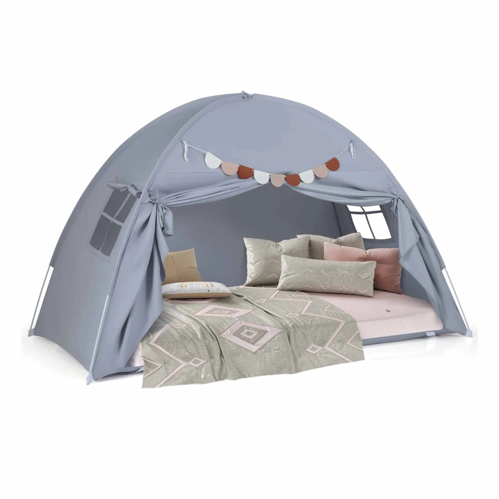 1 Costway Foldable Play Tent Castle Playhouse Fairy Tent w/Flags - Grey, 1 of 1