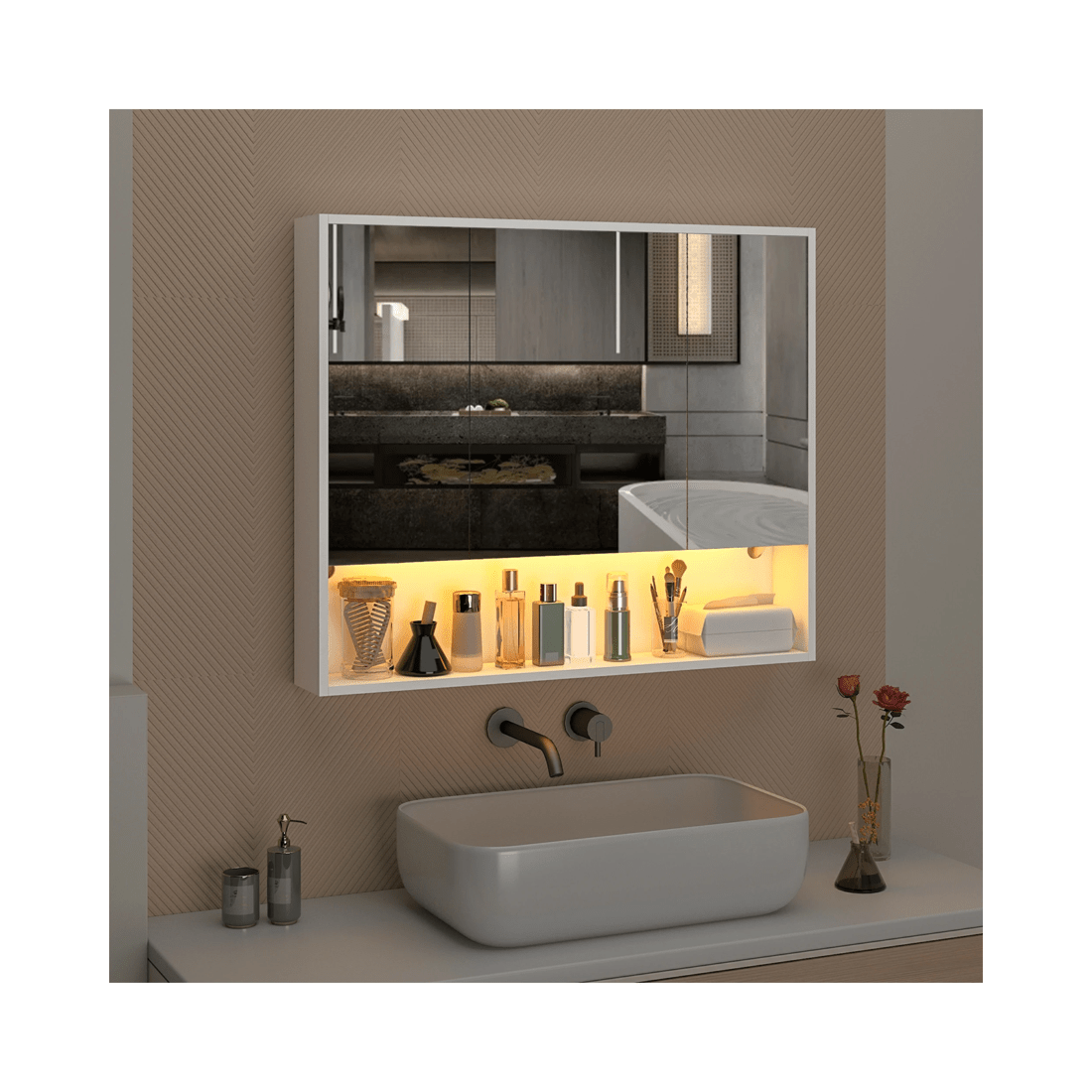 3 Advwin 90 cm LED Bathroom Mirror Cabinet Wall Mounted Cupboard Storage w/ 3 Doors Shaving Cabinets, 3 of 8