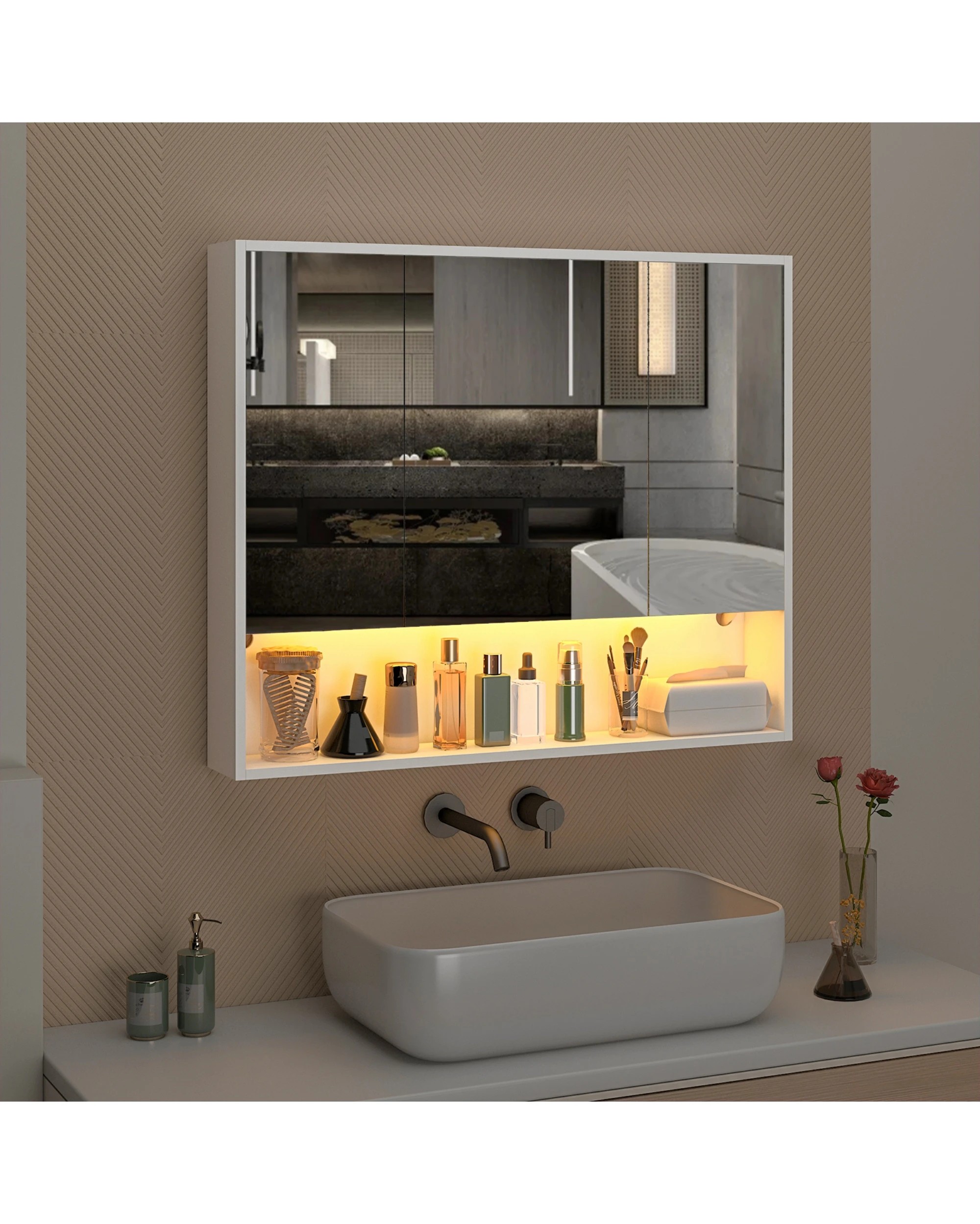 3 Advwin 90 cm LED Bathroom Mirror Cabinet Wall Mounted Cupboard Storage w/ 3 Doors Shaving Cabinets, 3 of 8