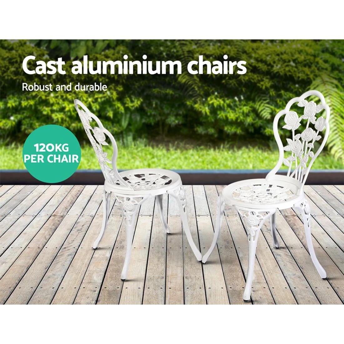 3 Gardeon 3PC Outdoor Setting Bistro Set Chairs Table Cast Aluminum Patio Furniture - White, 3 of 7