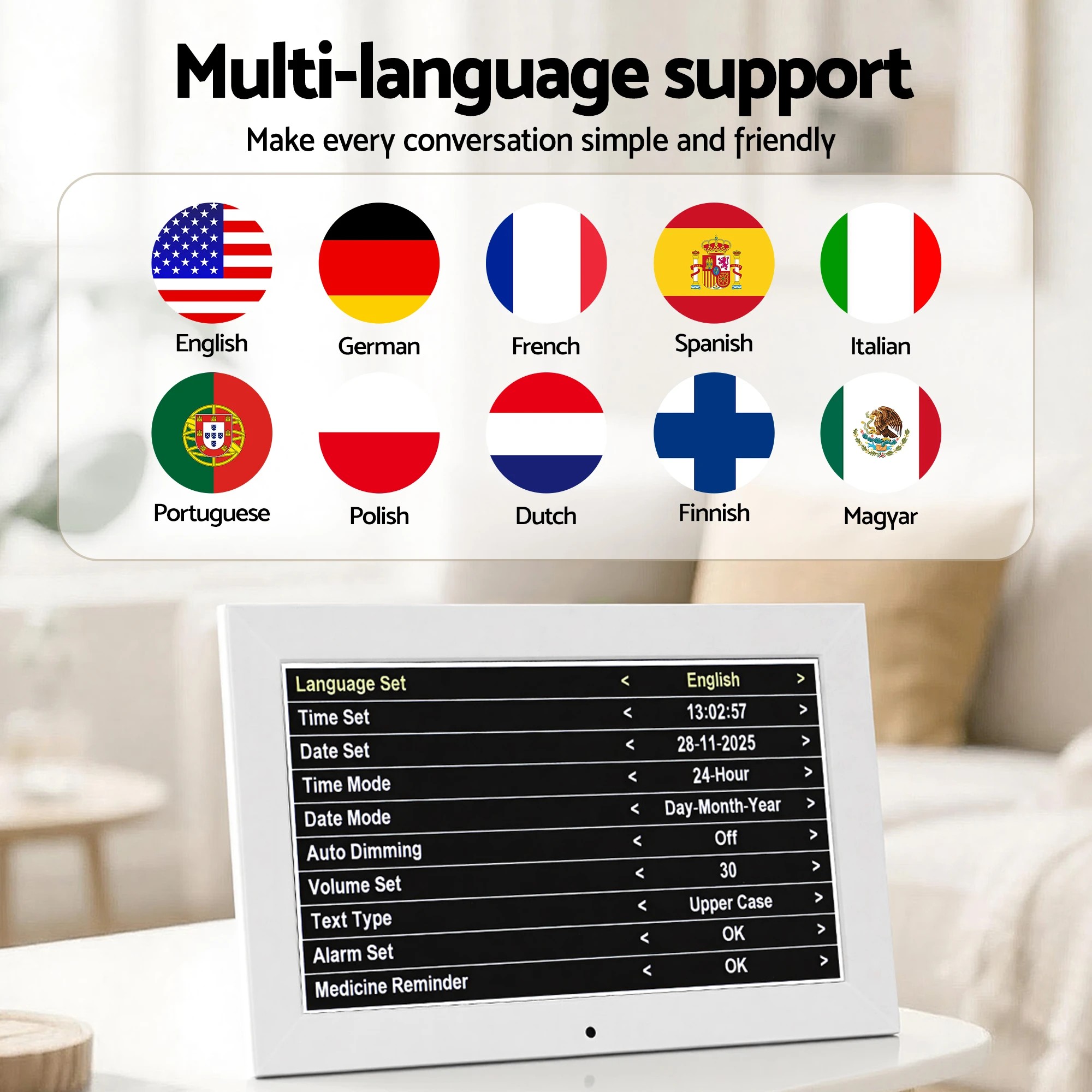 9 Artiss 10" Digital Day Clock Alarm Calendar Dementia Date Week Desk Clocks - White, 9 of 9