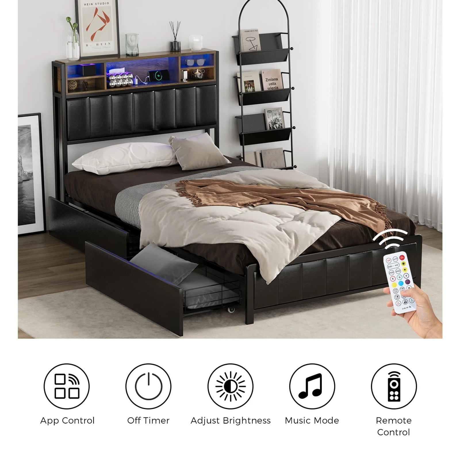 5 Oikiture Bed Frame King Single Size LED Storage Headboard USB Charge 2 Drawers - Black, 5 of 9