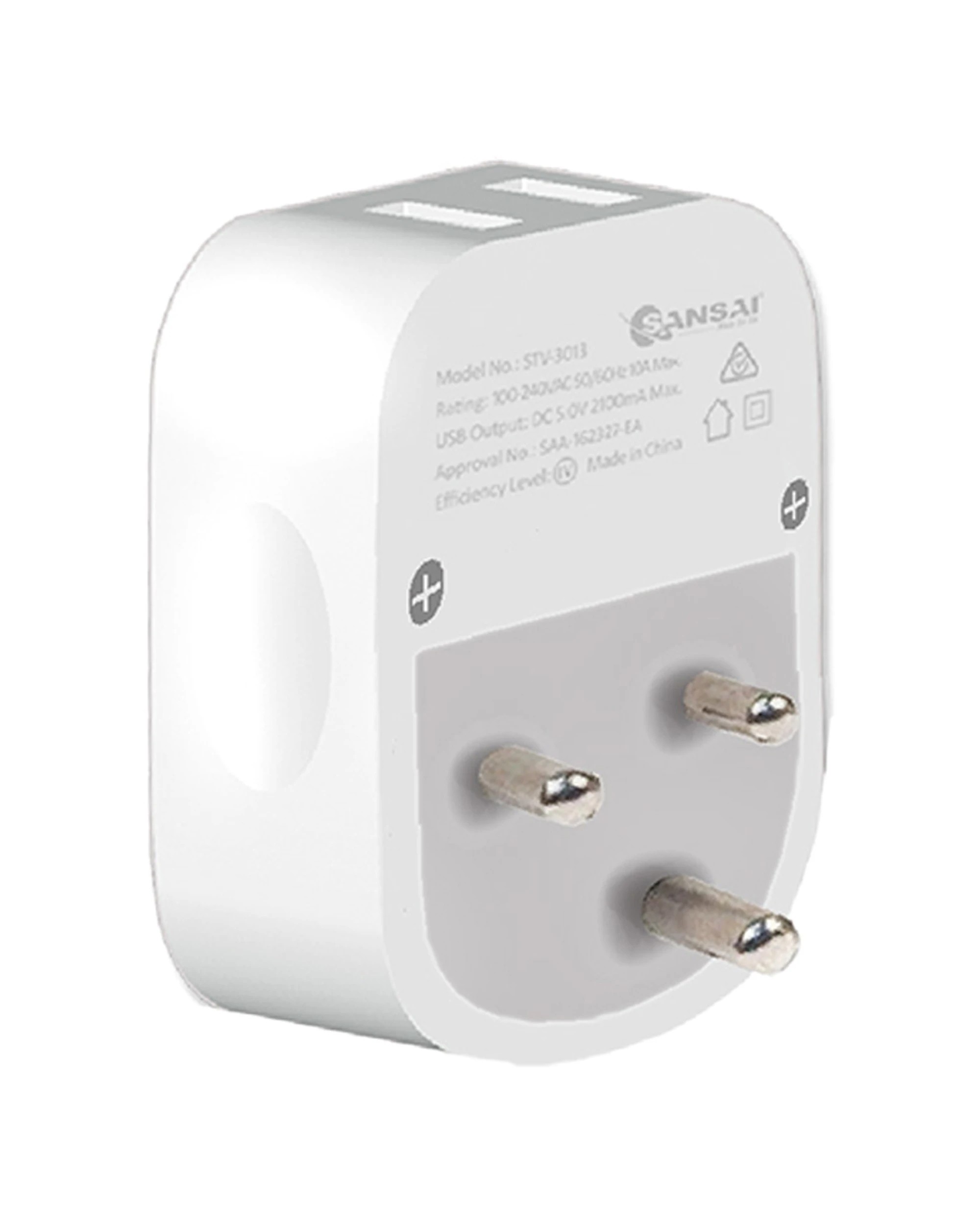 1 Sansai Surge Protected Travel Adapter with 2 x USB Ports AU India Region - White, 1 of 3