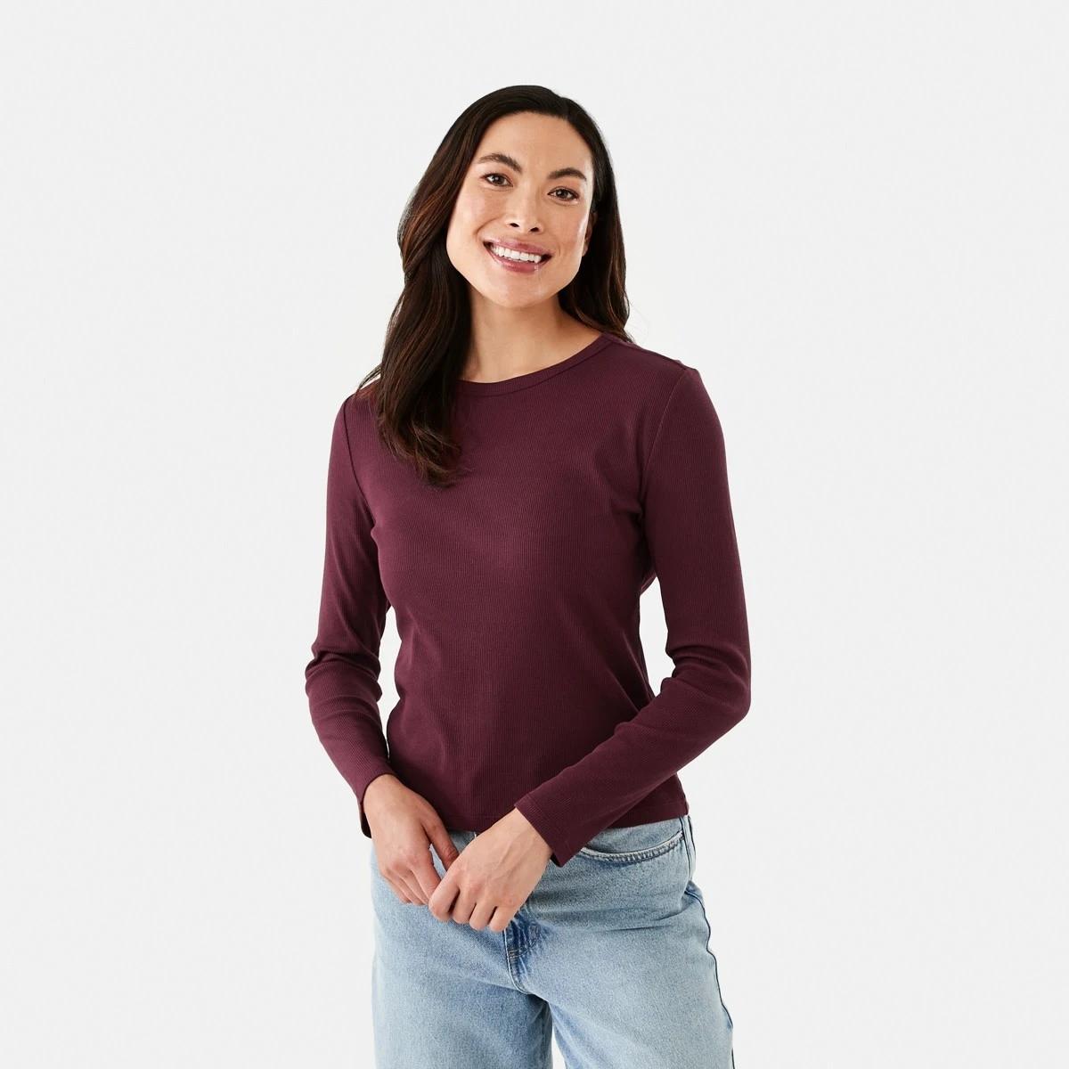 2 Long Sleeve Rib Crew T-shirt Burgundy, 2 of 6